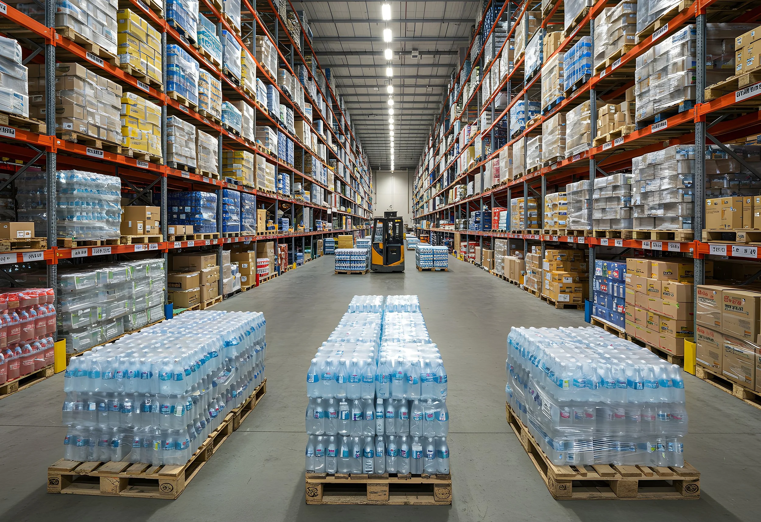 A warehouse aisle with high shelves stocked with boxes. In the center, a forklift is handling pallets of bottled water and soda. The warehouse has bright lighting and a concrete floor.