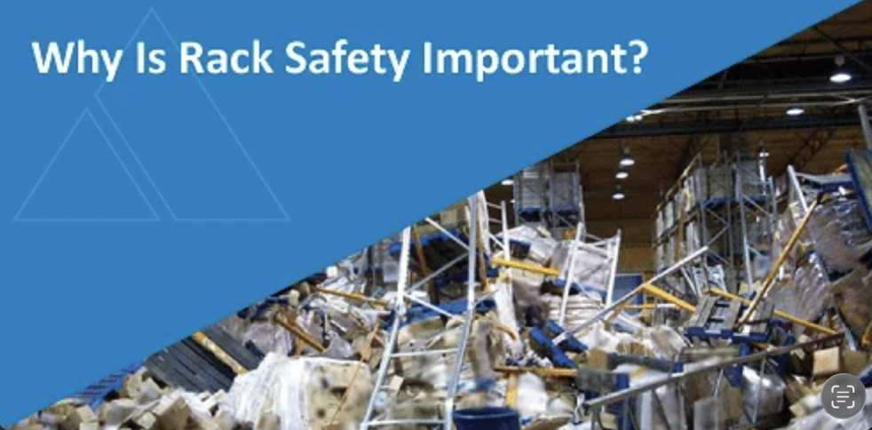 Industrial warehouse with fallen shelves and scattered items, illustrating the importance of rack safety.