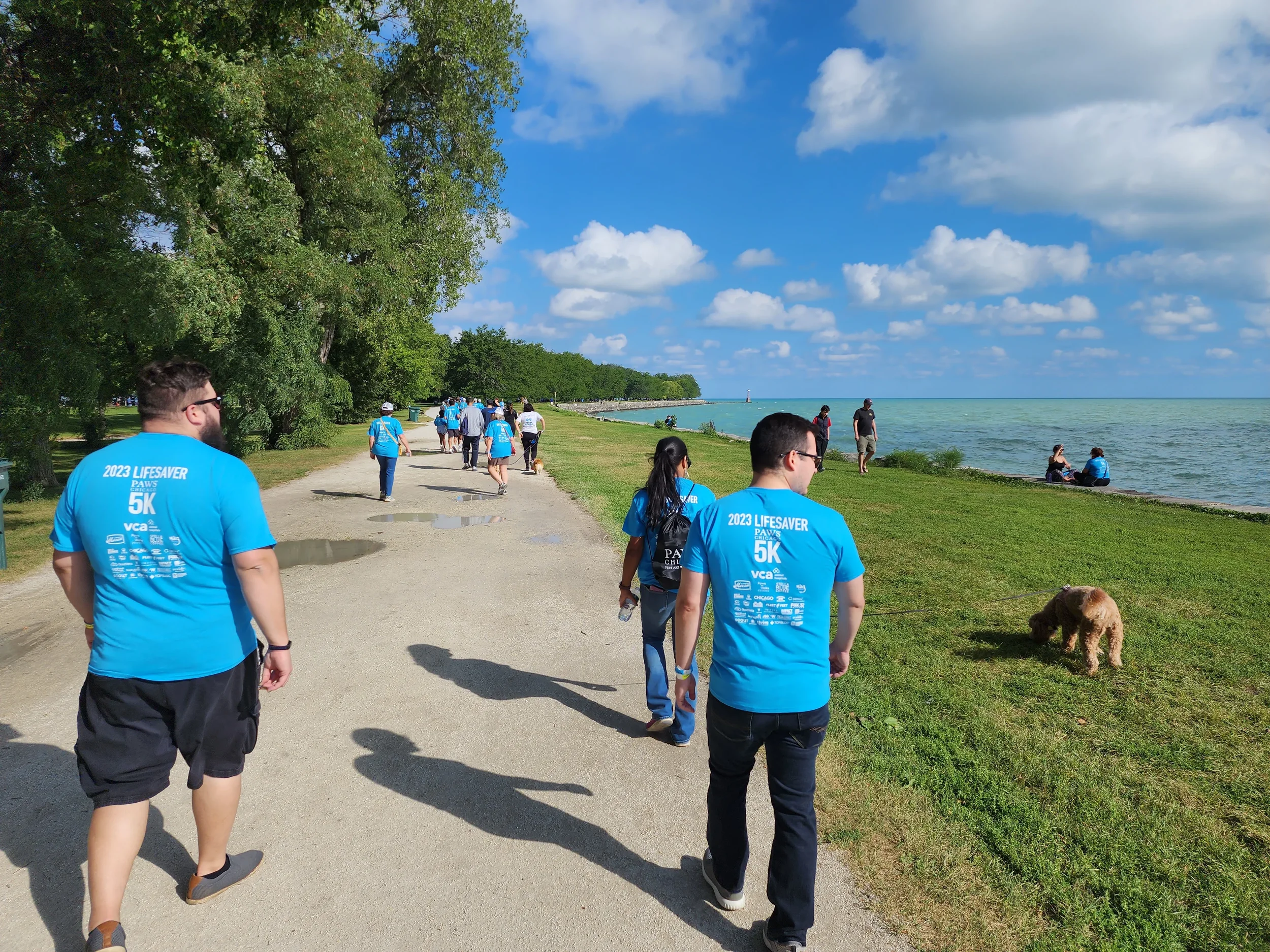A group of people walking along a path beside a lake on a sunny day, some wearing matching blue shirts, with trees to the left and a partly cloudy sky overhead.