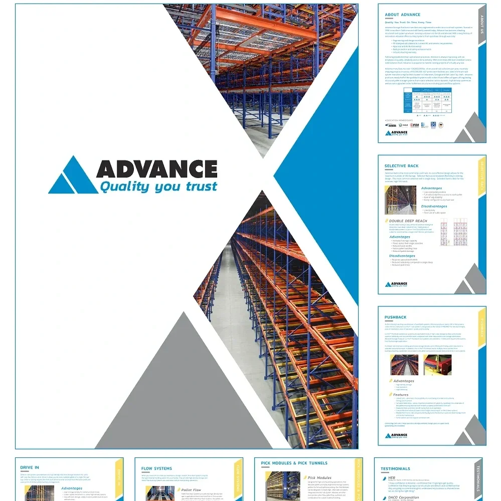 Brochure cover for Advance showcasing warehouse storage racks with a blue and white color scheme and images of the racking system.