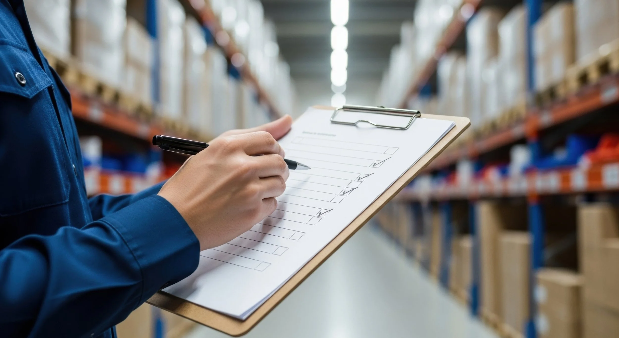 A person in a blue jacket holding a clipboard with a checklist, writing with a pen in a warehouse aisle with shelves filled with boxes in the background.