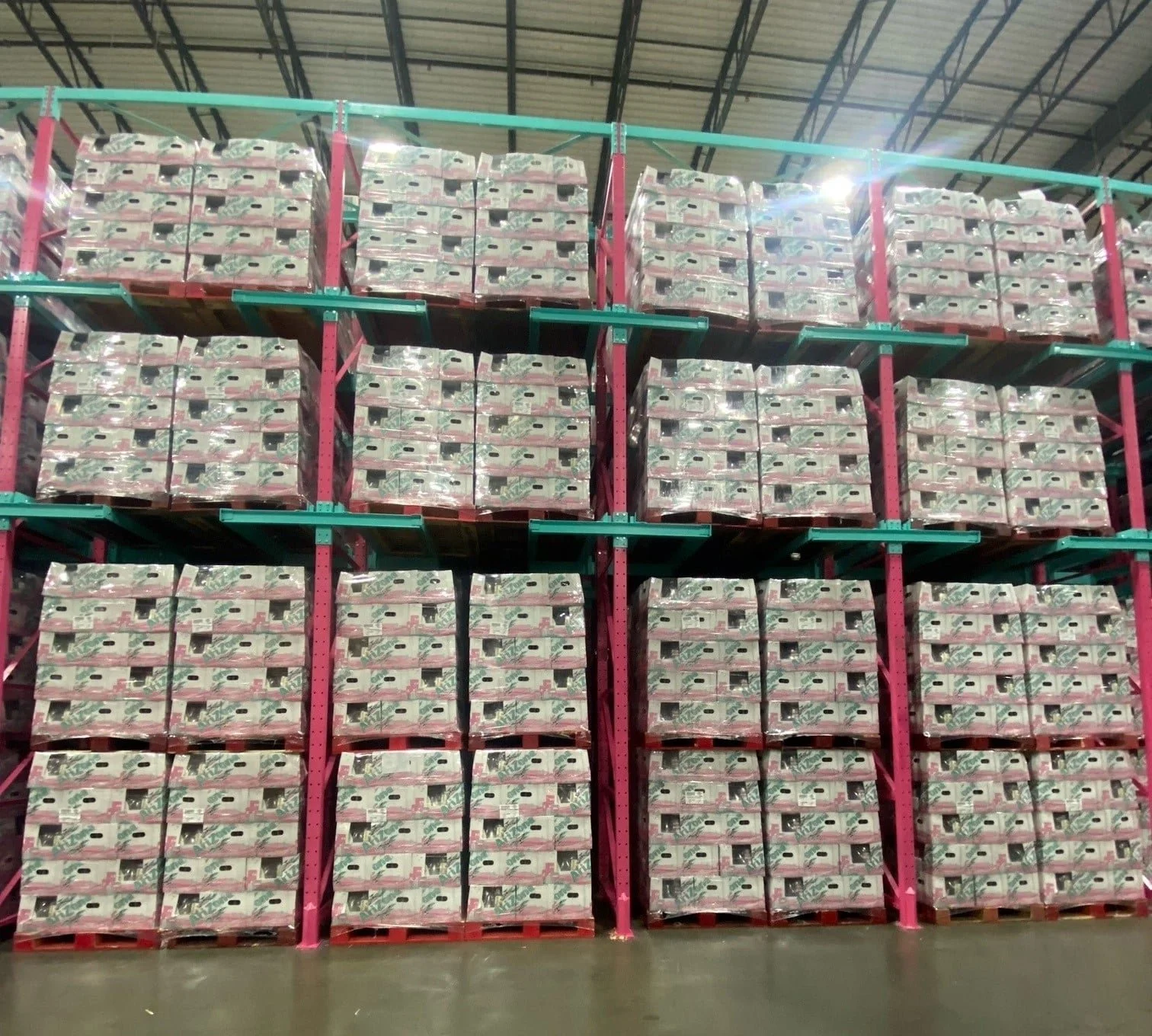 A warehouse aisle with two-wide racking holding stacks of boxes wrapped in plastic.