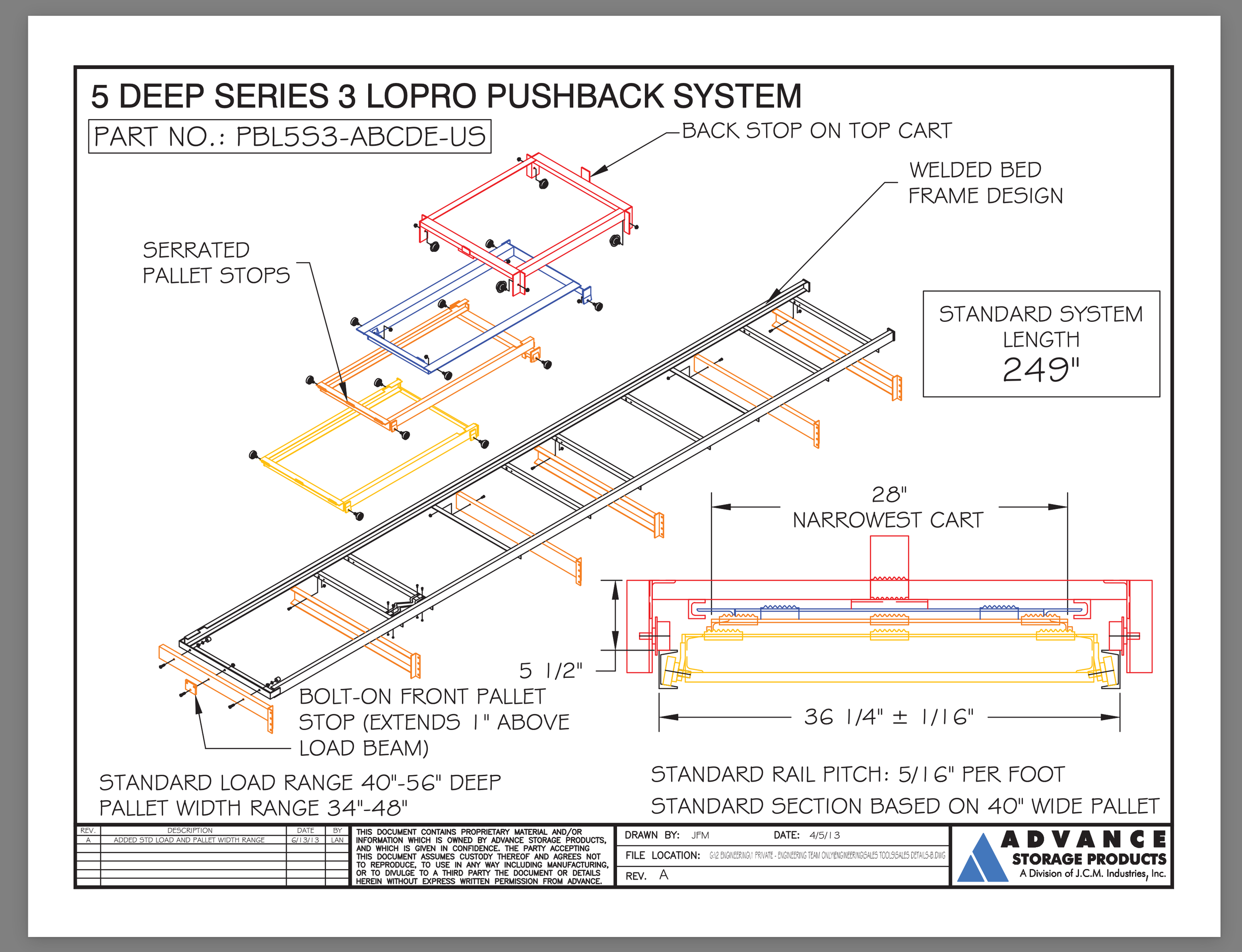 Technical engineering drawing of a 5 deep series 3 lo pro pushback system, showing various components such as frame designs, pallet stops, and rail measurements, with annotations and specifications.