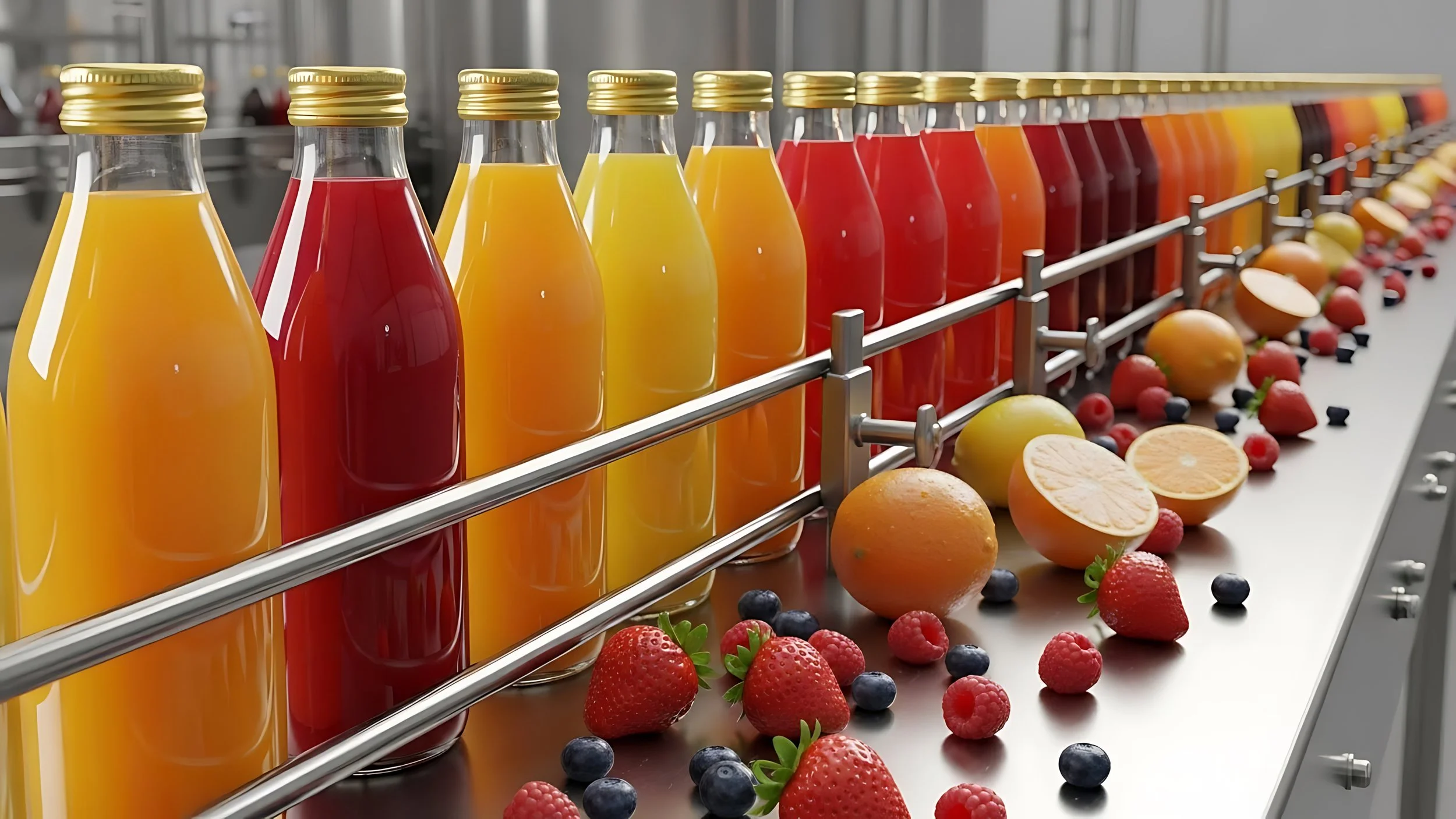 Bottles of orange, yellow, and red fruit juices moving along a production line with fresh strawberries, blueberries, and sliced oranges surrounding the line.