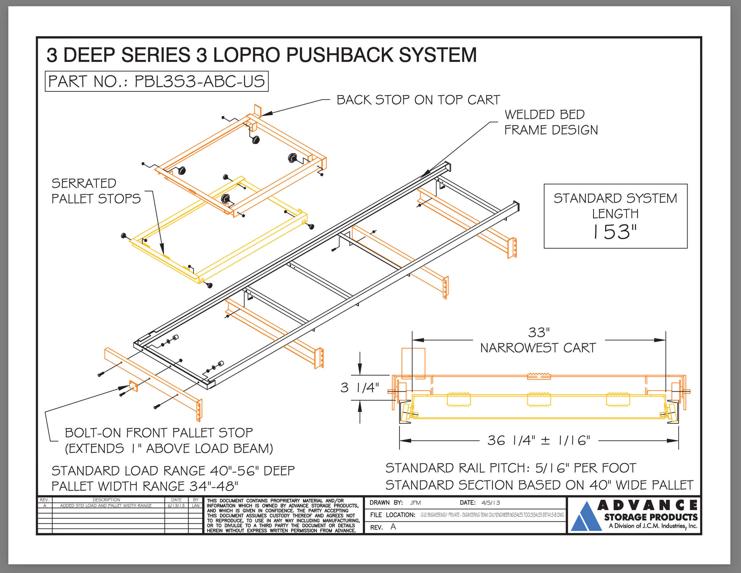 Technical drawing of 3-deep lo pro pushback racking with labeled components such as pallet stops, top cart stop, and rail pitch.