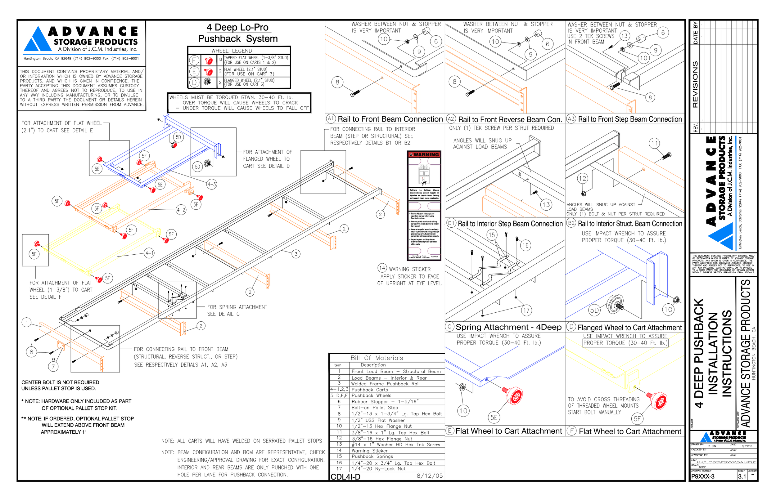 Technical engineering drawing of a 4 deep pushback rack installation instructions.
