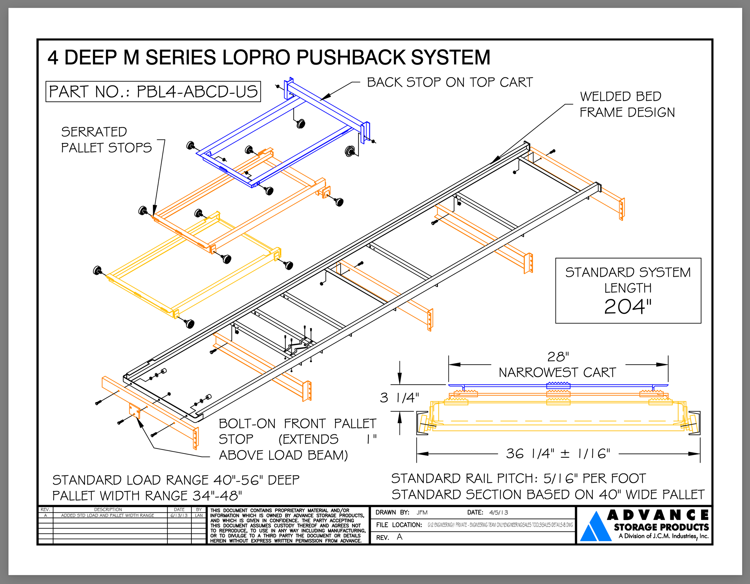 Technical drawing of a 4 deep M series Lopro pushback system.