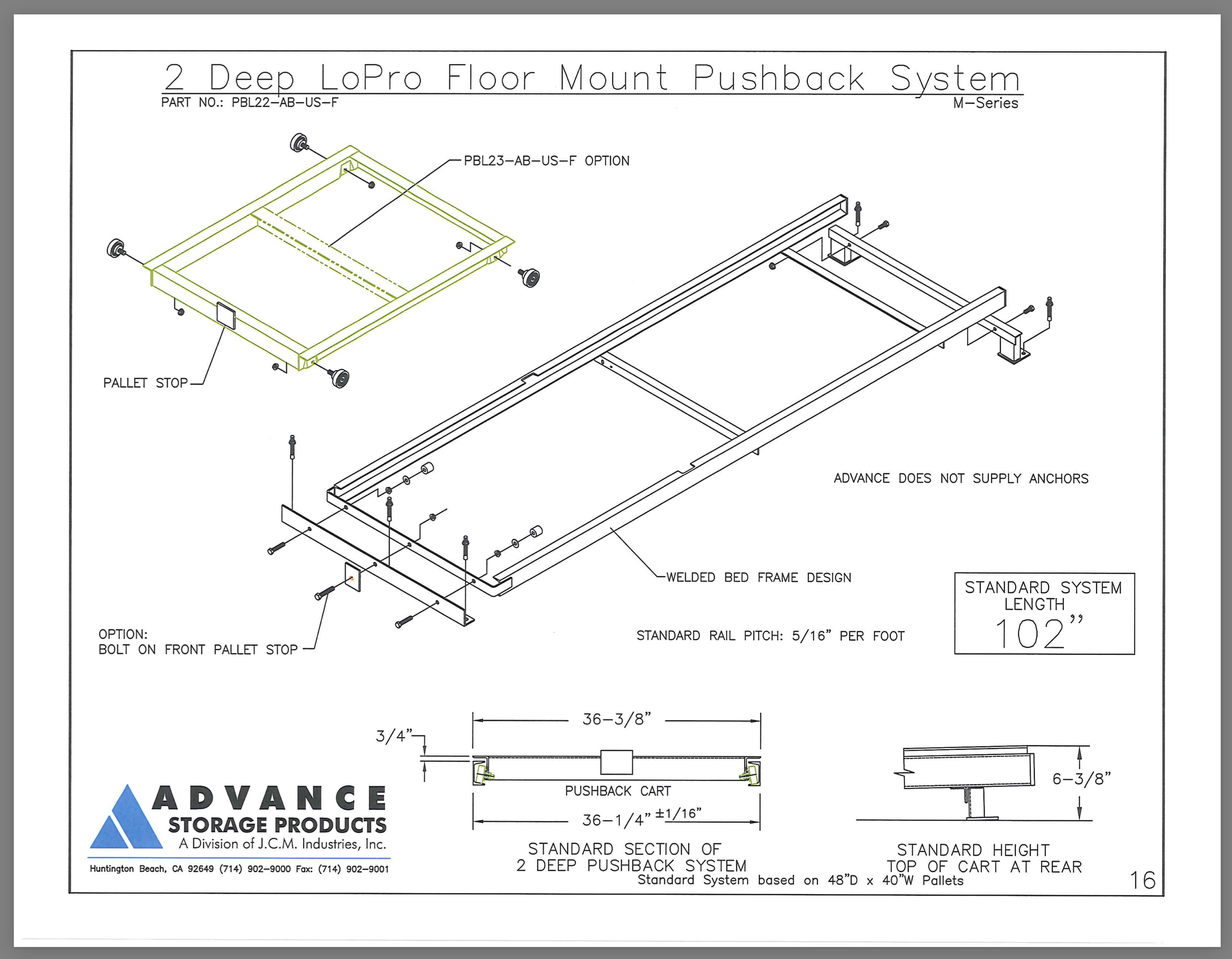 Technical drawing of a deep LoPro floor mount pushback system.