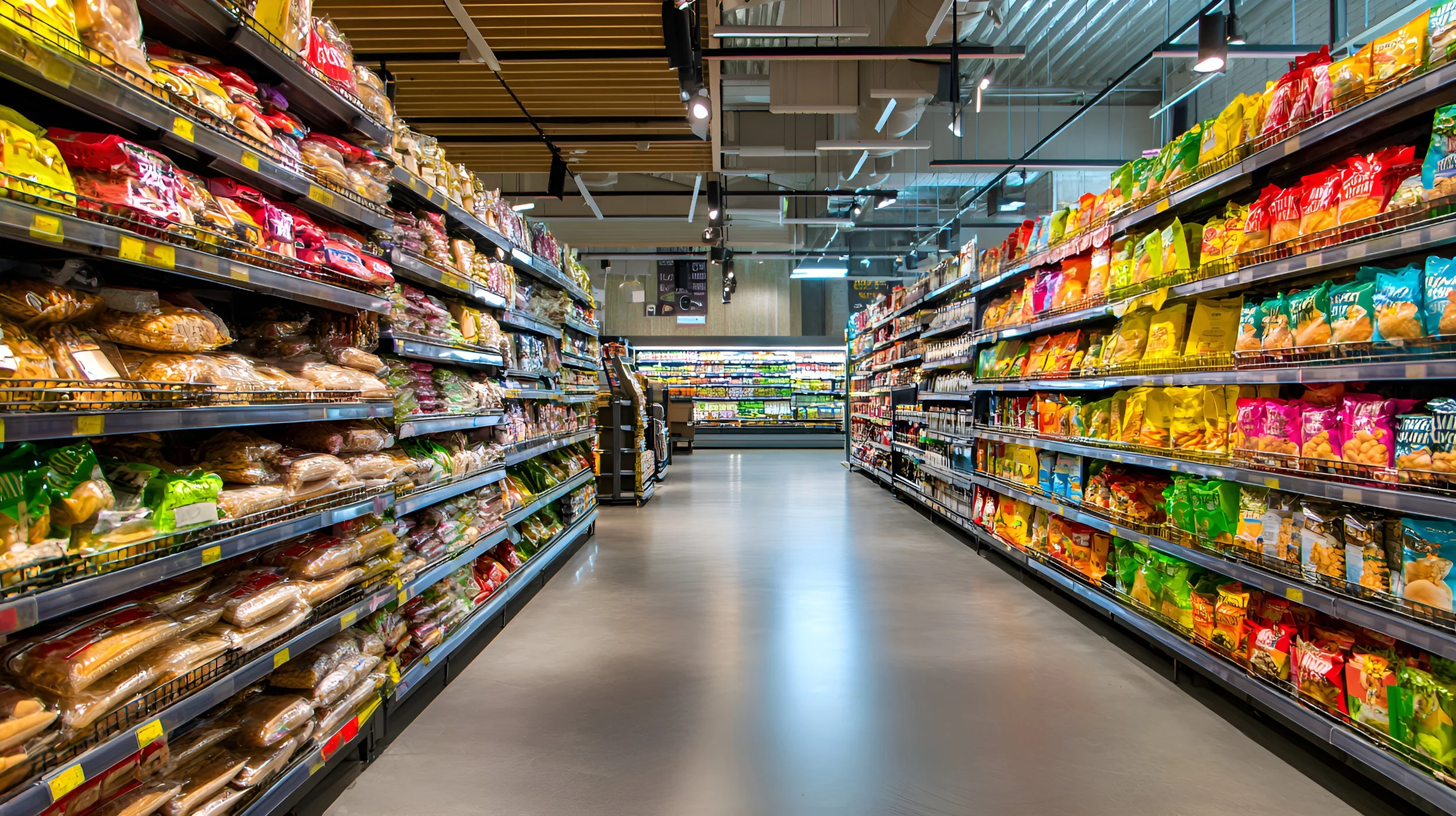 Aisle in a grocery store with shelves stocked with various packaged food items.