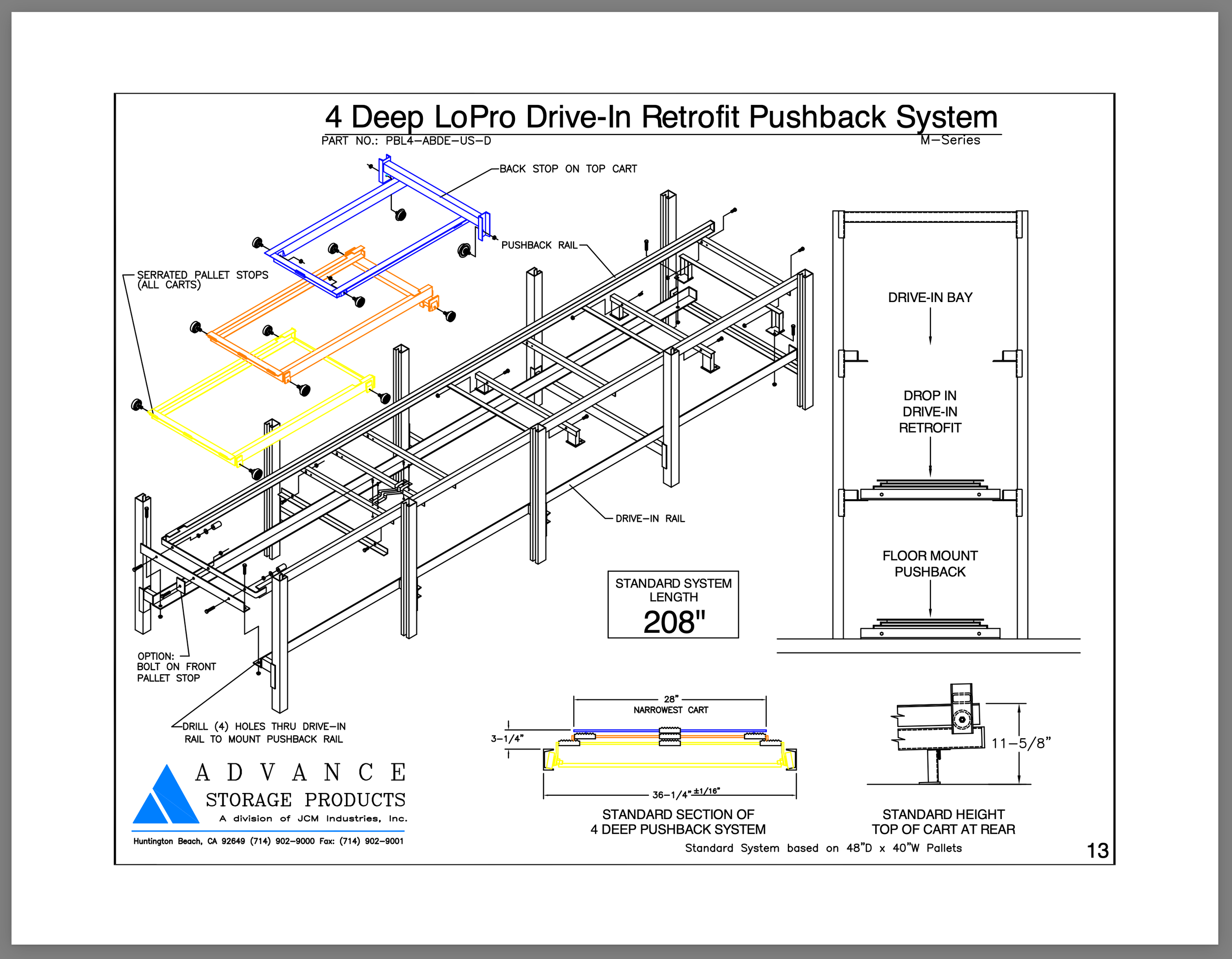 Technical drawing of a deep LoPro drive-in retrofit pushback system with labeled components such as pallet stops, pushback rail, drive-in bay, and floor mount pushback, with measurements and assembly options.