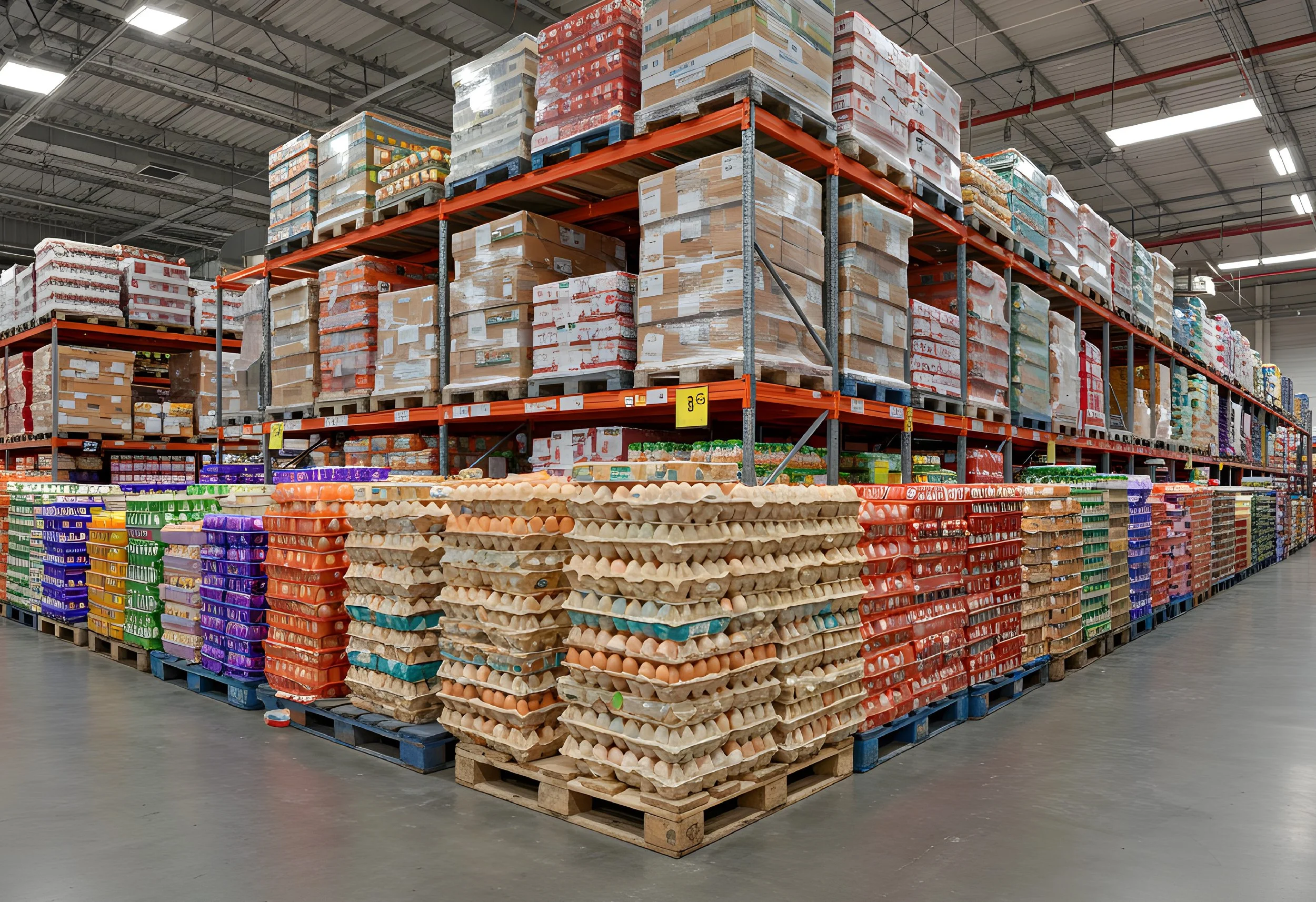 Large pallets of grocery products stored in a warehouse aisle.