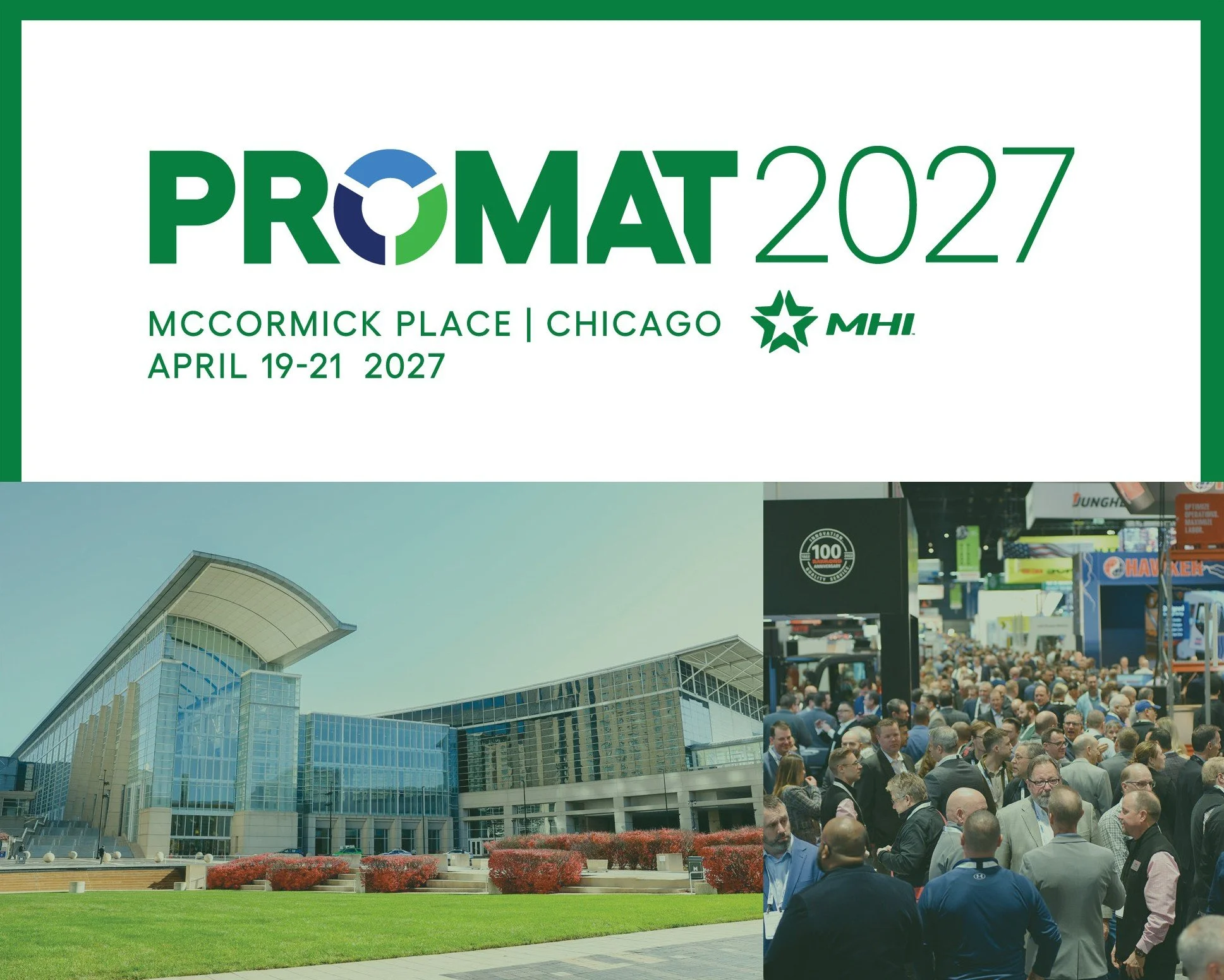 A large crowd of people gathered at the McCormick Place convention center in Chicago for the PROMAT 2027 event from April 19 to 21, 2027, with modern glass buildings and a green lawn in the background.