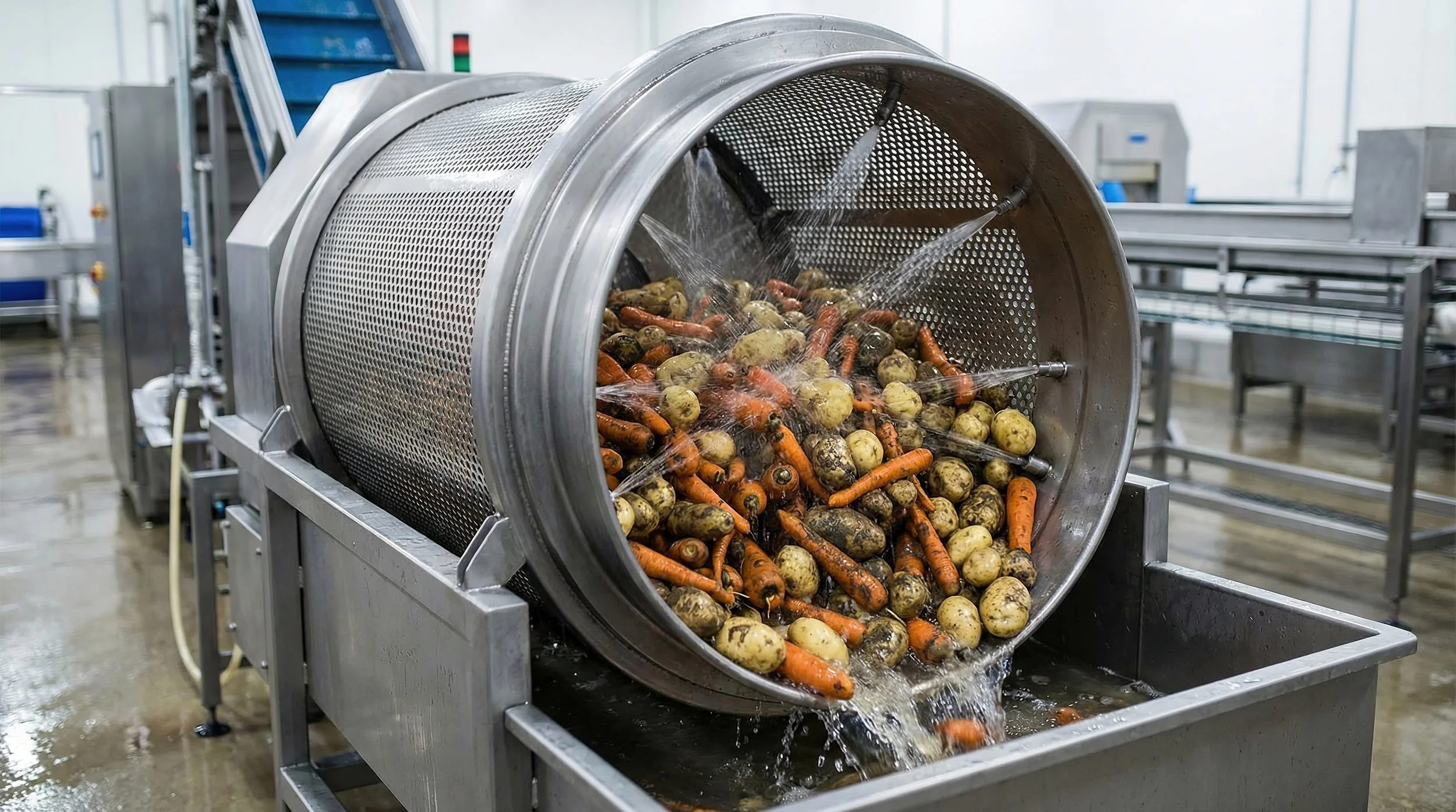 Industrial washing machine for root vegetables such as carrots and potatoes in a food processing facility.