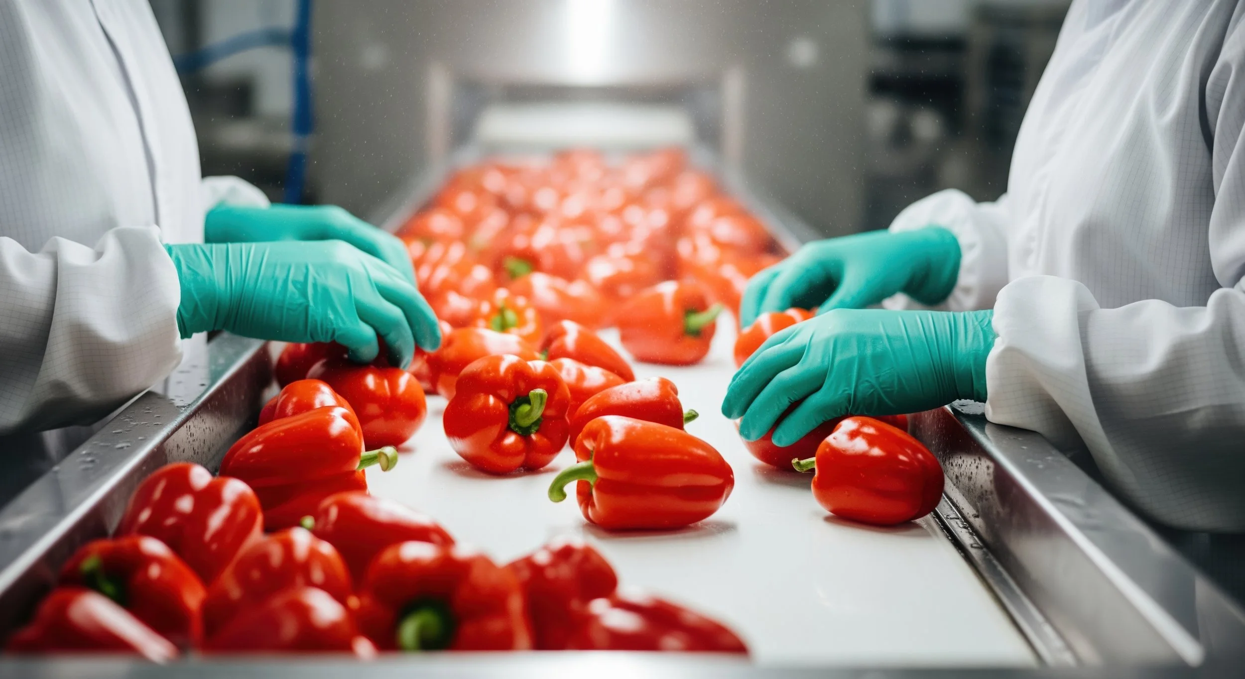 Workers wearing gloves and white lab coats inspecting red peppers on a conveyor belt in a food processing facility.