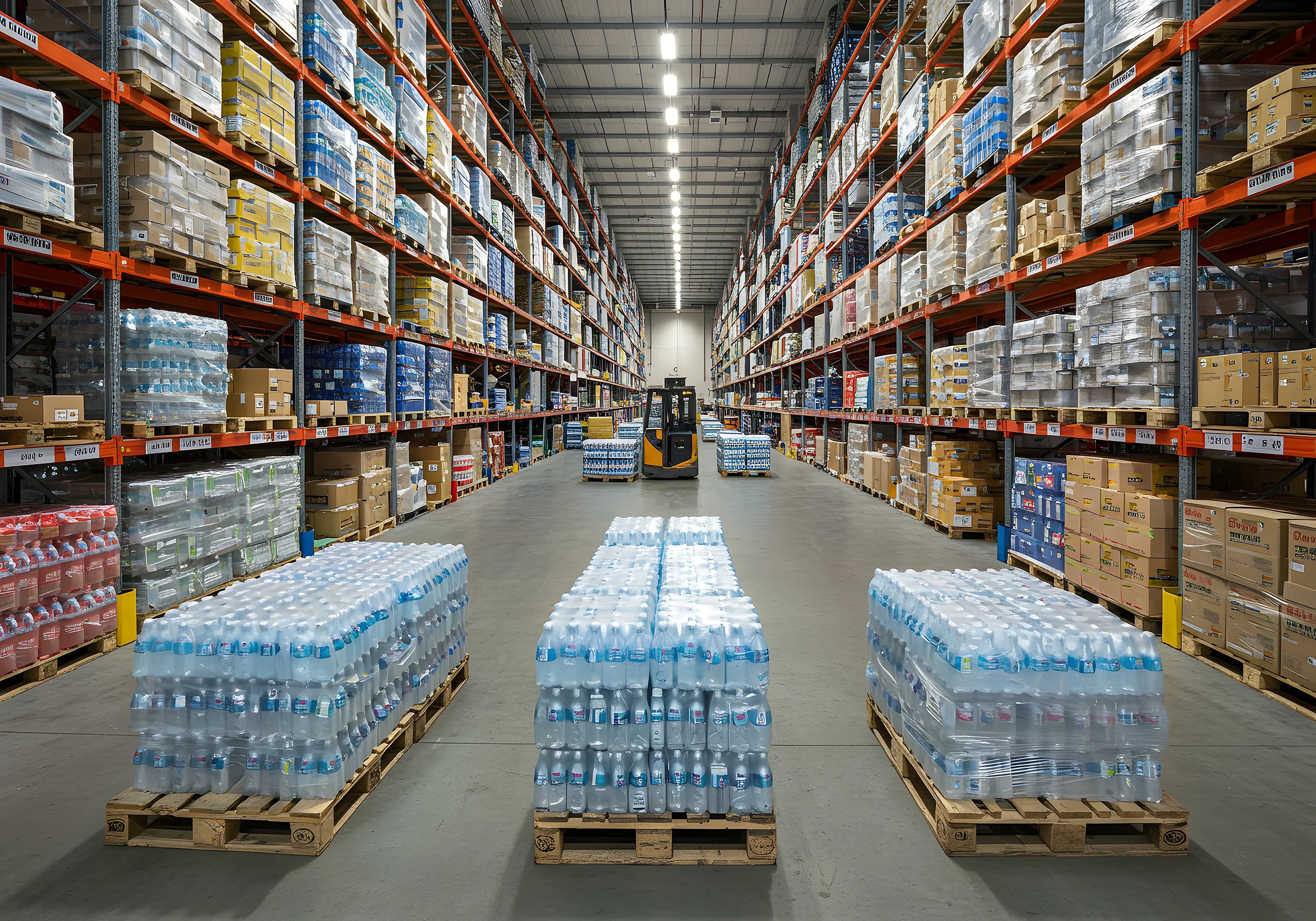 A warehouse aisle with shelves stacked with boxes and bottled water on pallets, a forklift in the distance, and bright overhead lighting.