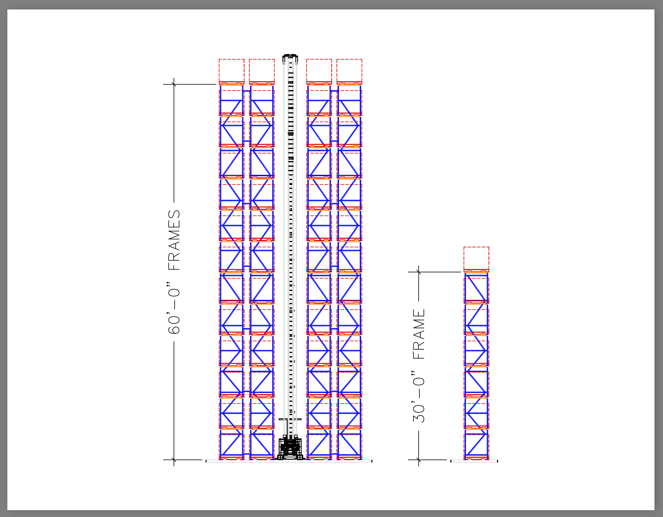 High bay storage technical drawing showing a sixty foot and a thirty foot frame.