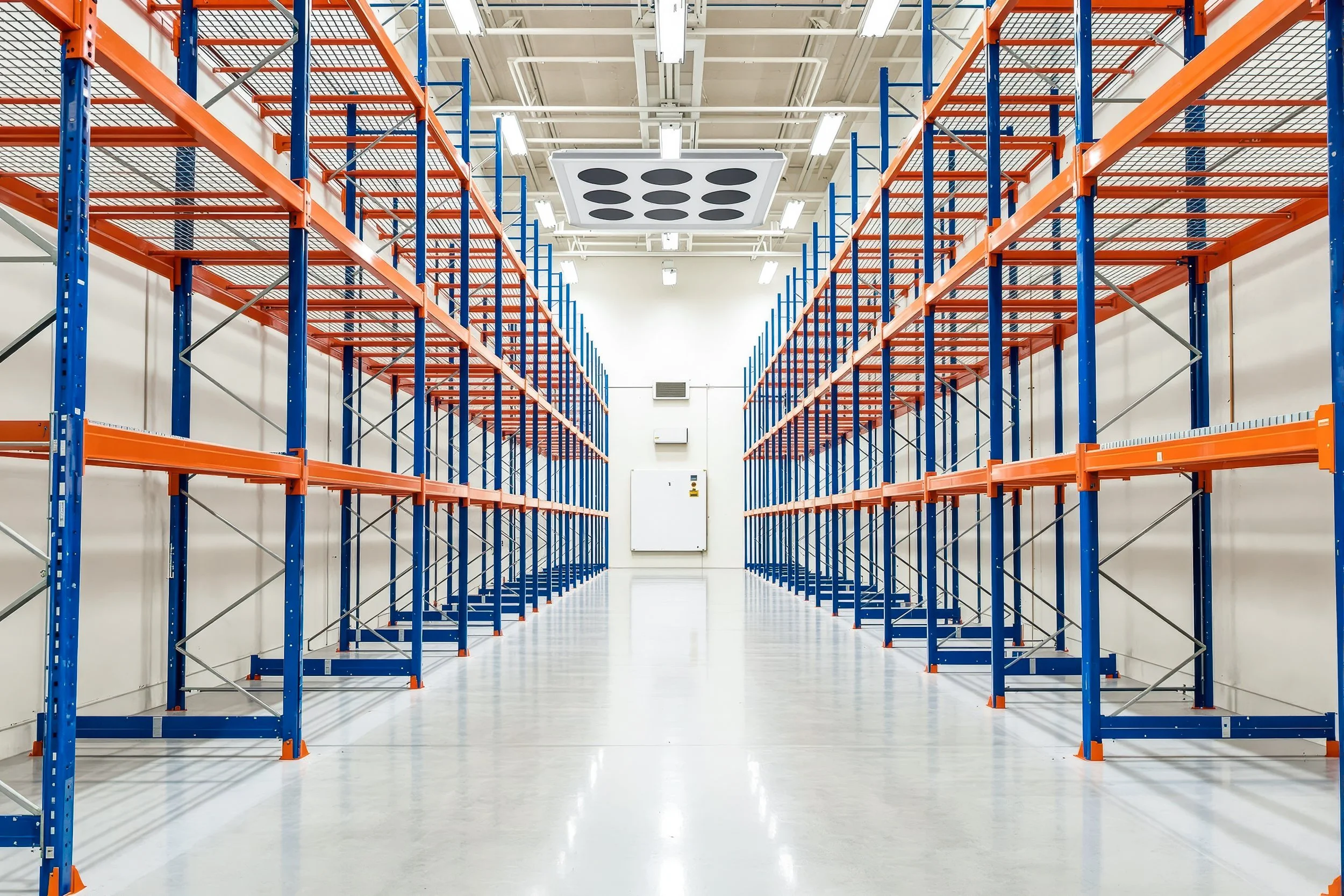 An empty warehouse with tall orange and blue metal selective racking units on both sides, a white ceiling with fluorescent lights, and a white floor.