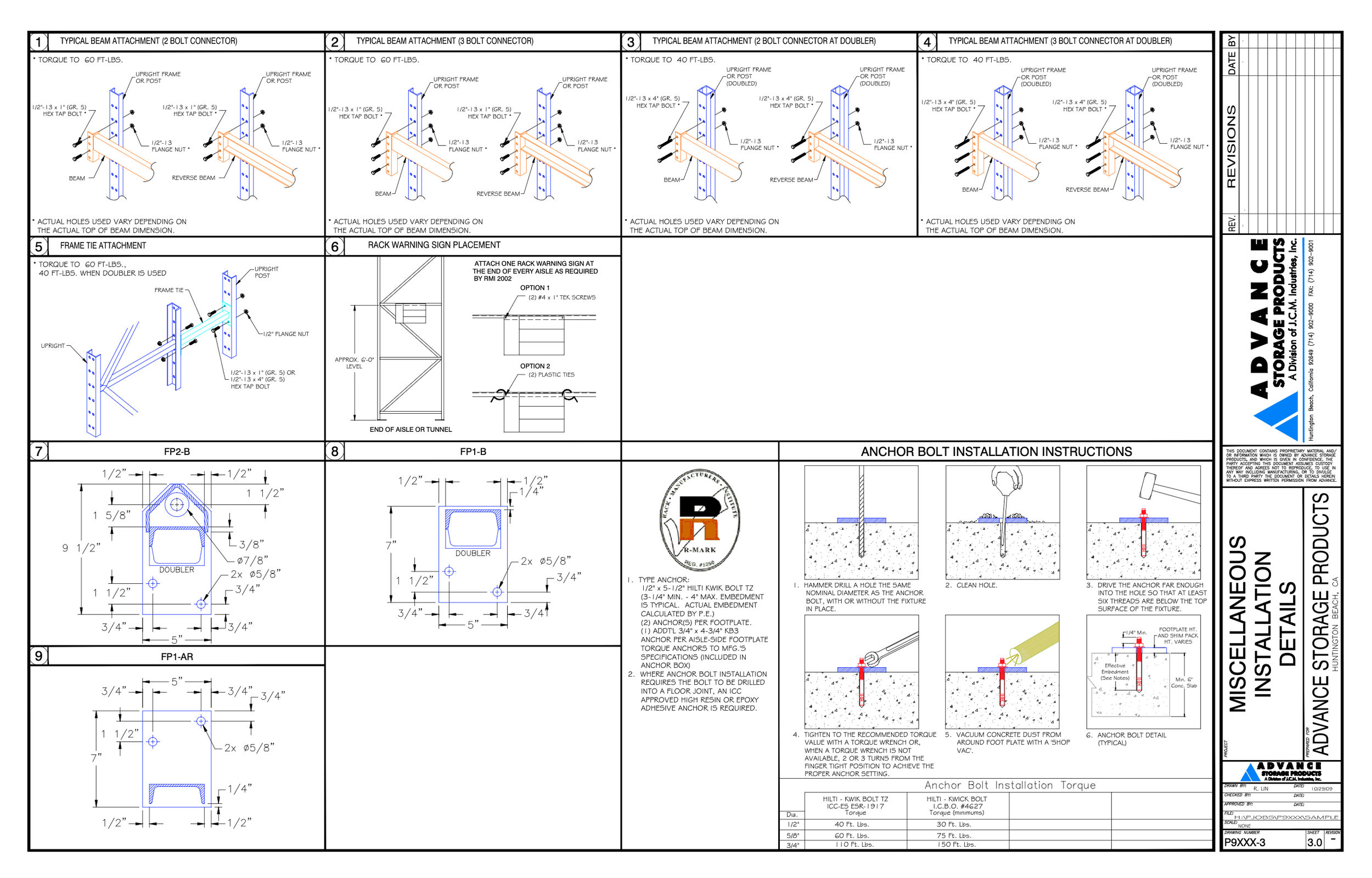 Technical engineering drawing of miscellaneous installation details, including anchor bolt installation instructions.