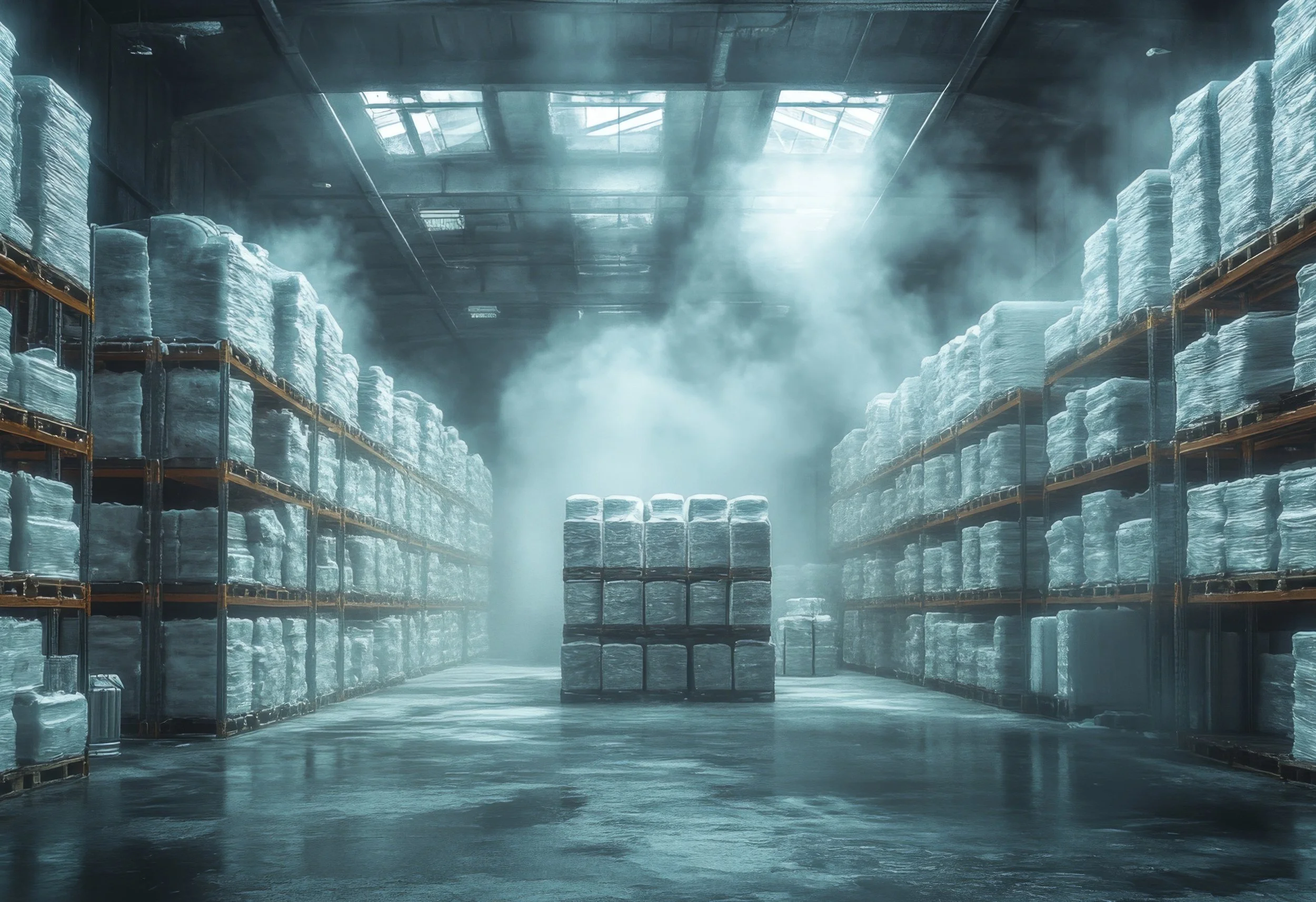 Interior of a warehouse filled with large stacks of frozen goods wrapped in plastic, with metal shelves and fog or mist creating a cold atmosphere.