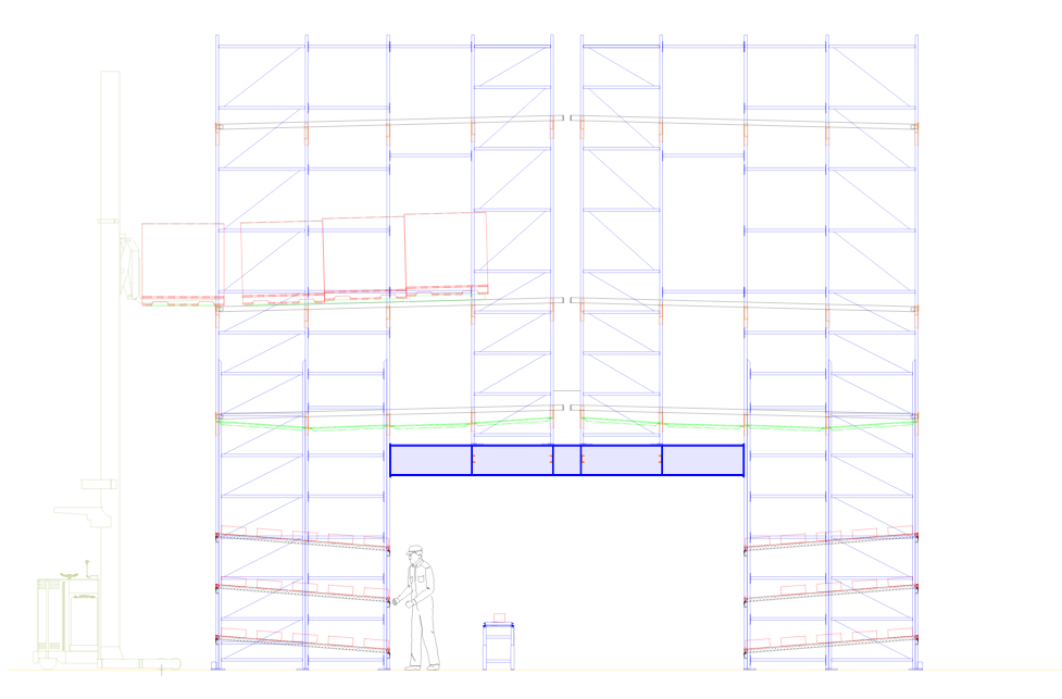 Drawing of a warehouse pallet rack pick tunnel with tunnel beam emphasized.