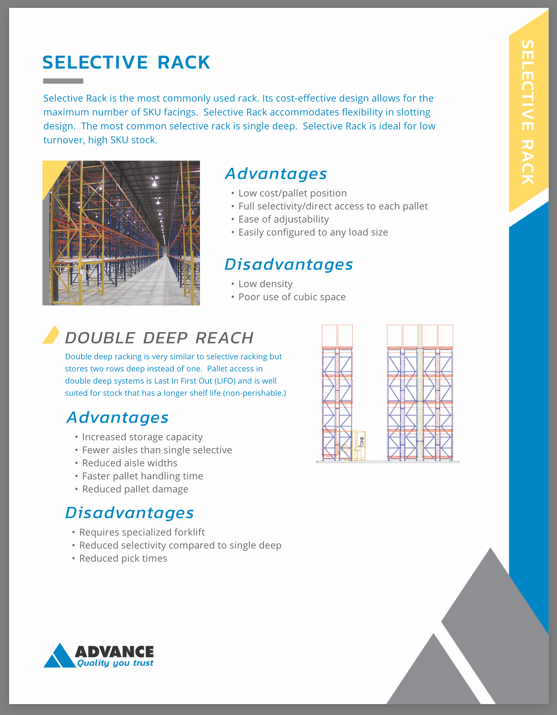 An Advance Storage Products brochure for selective pallet racking, describing the rack's features, advantages, and disadvantages.
