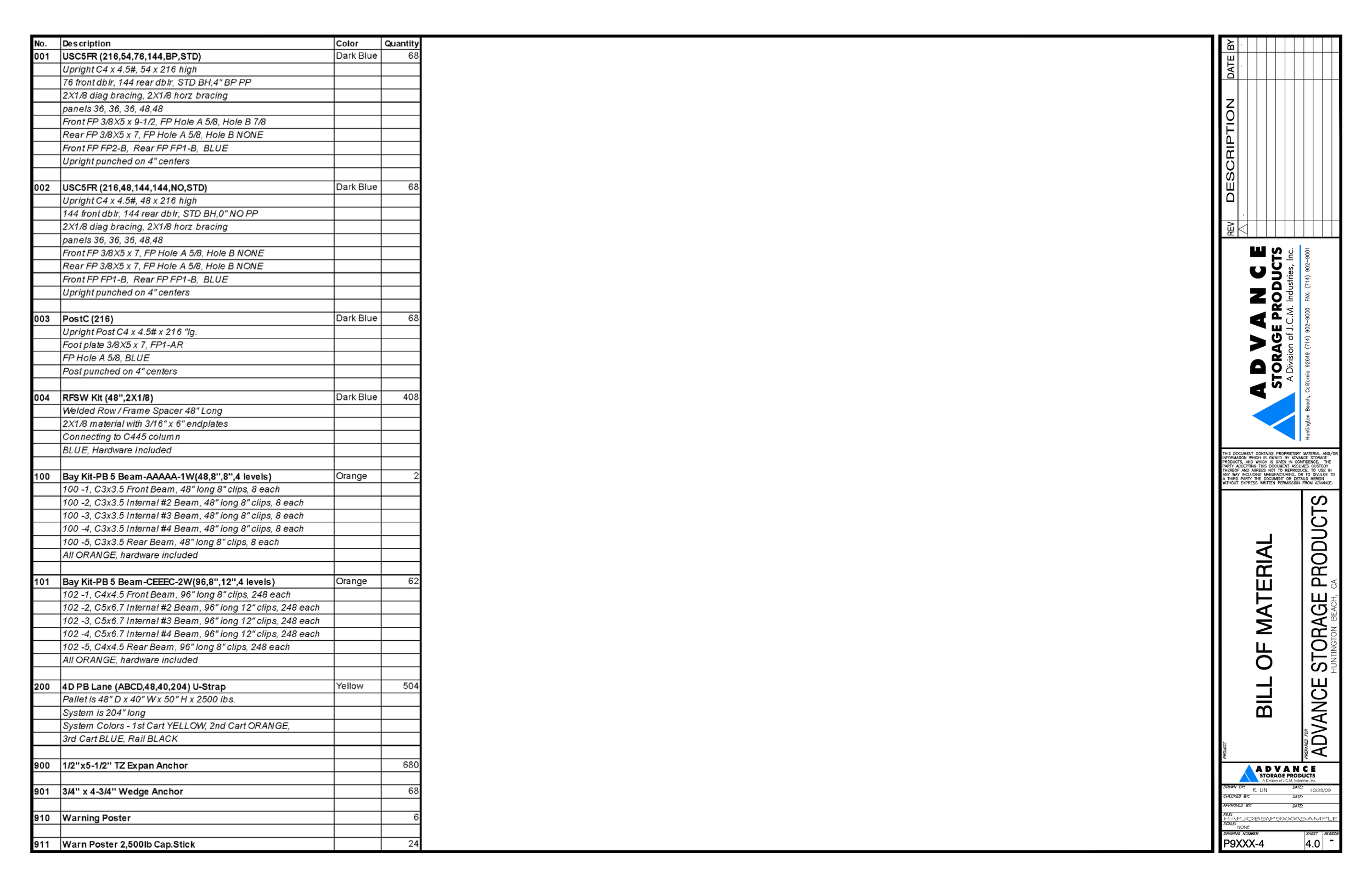 Advance Storage Products bill of material.