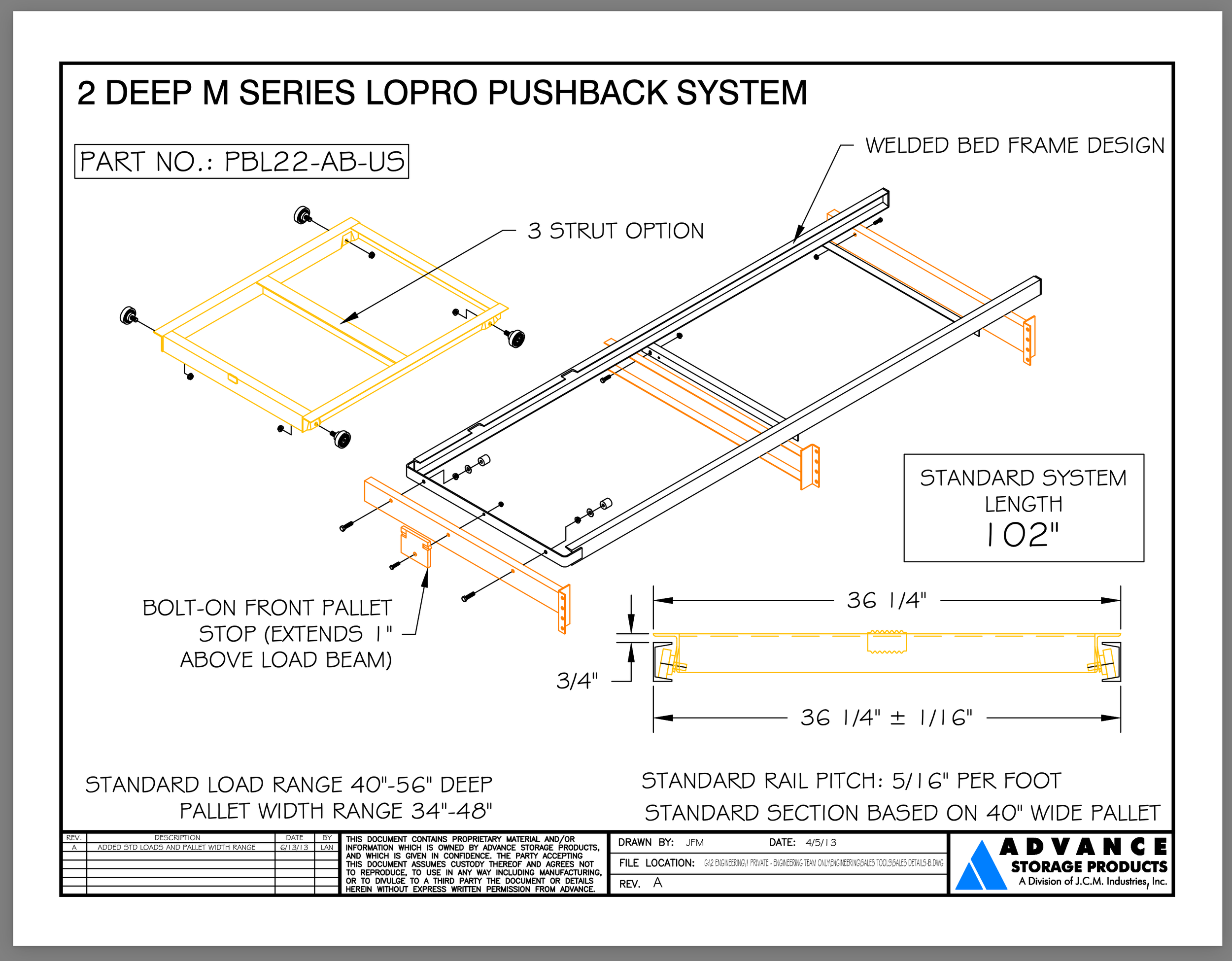 Technical blueprint for 2 deep pushback racking.