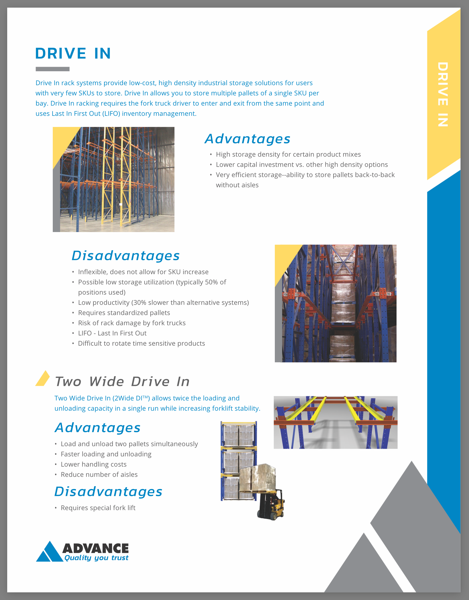 A brochure page describing drive-in rack systems including the advantages and disadvantages.
