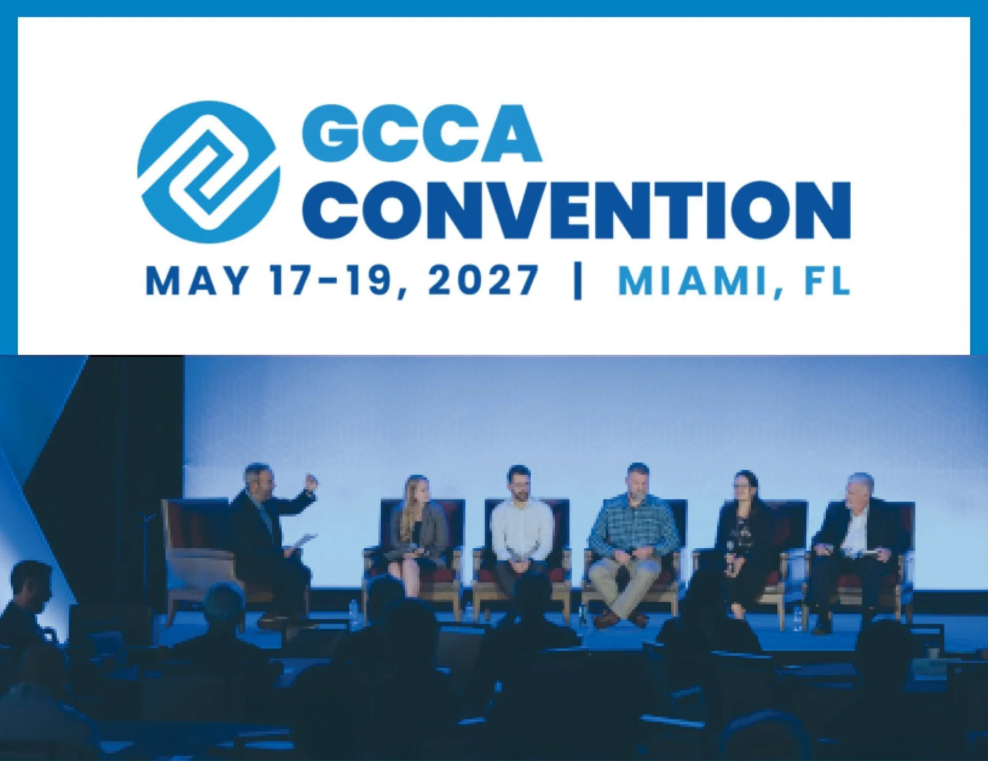 A group of people sitting on chairs on a stage at the GCCA Convention, with a large screen displaying the event details in the background.