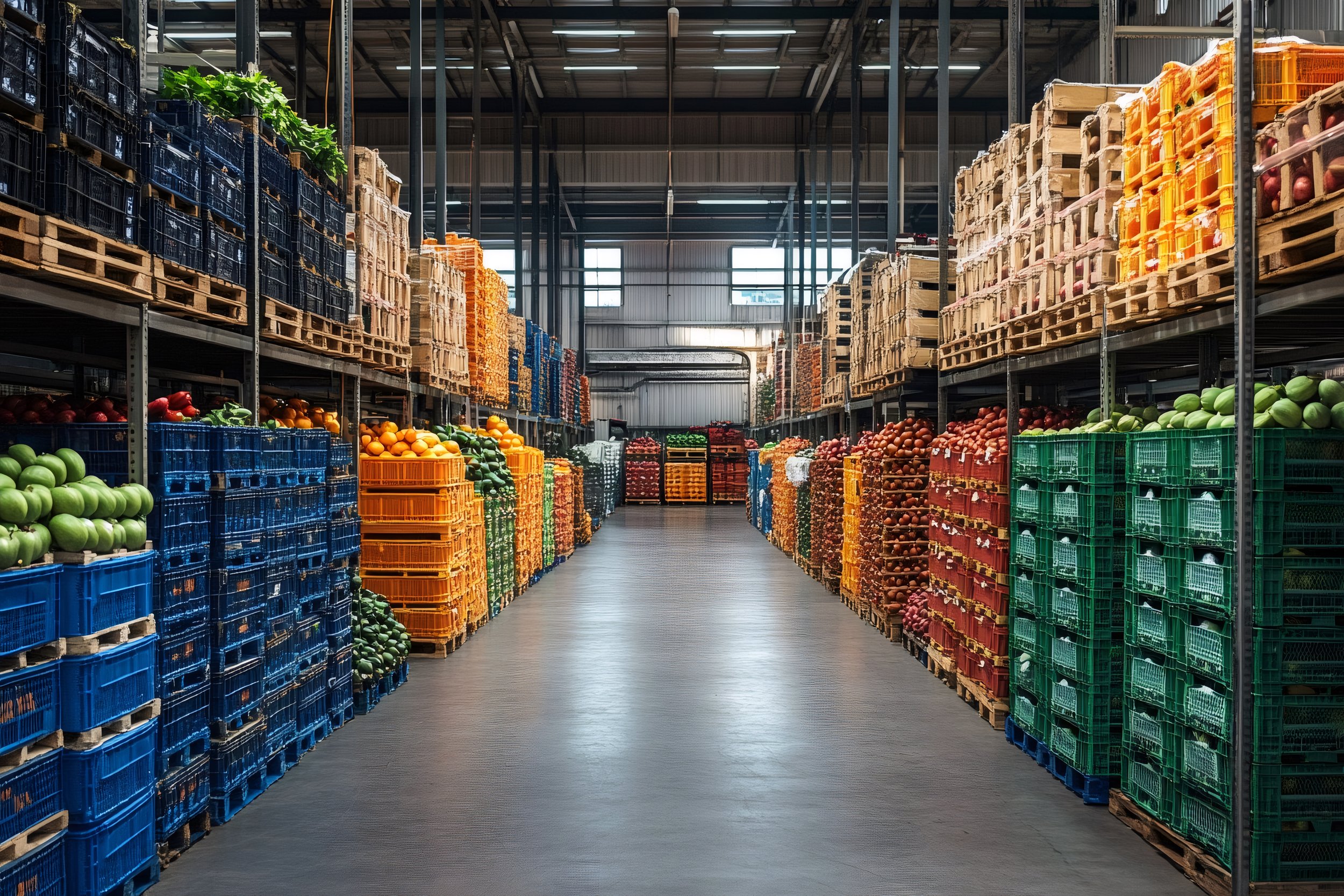 A warehouse aisle with shelves stocked with crates of apples and other fruits and vegetables.