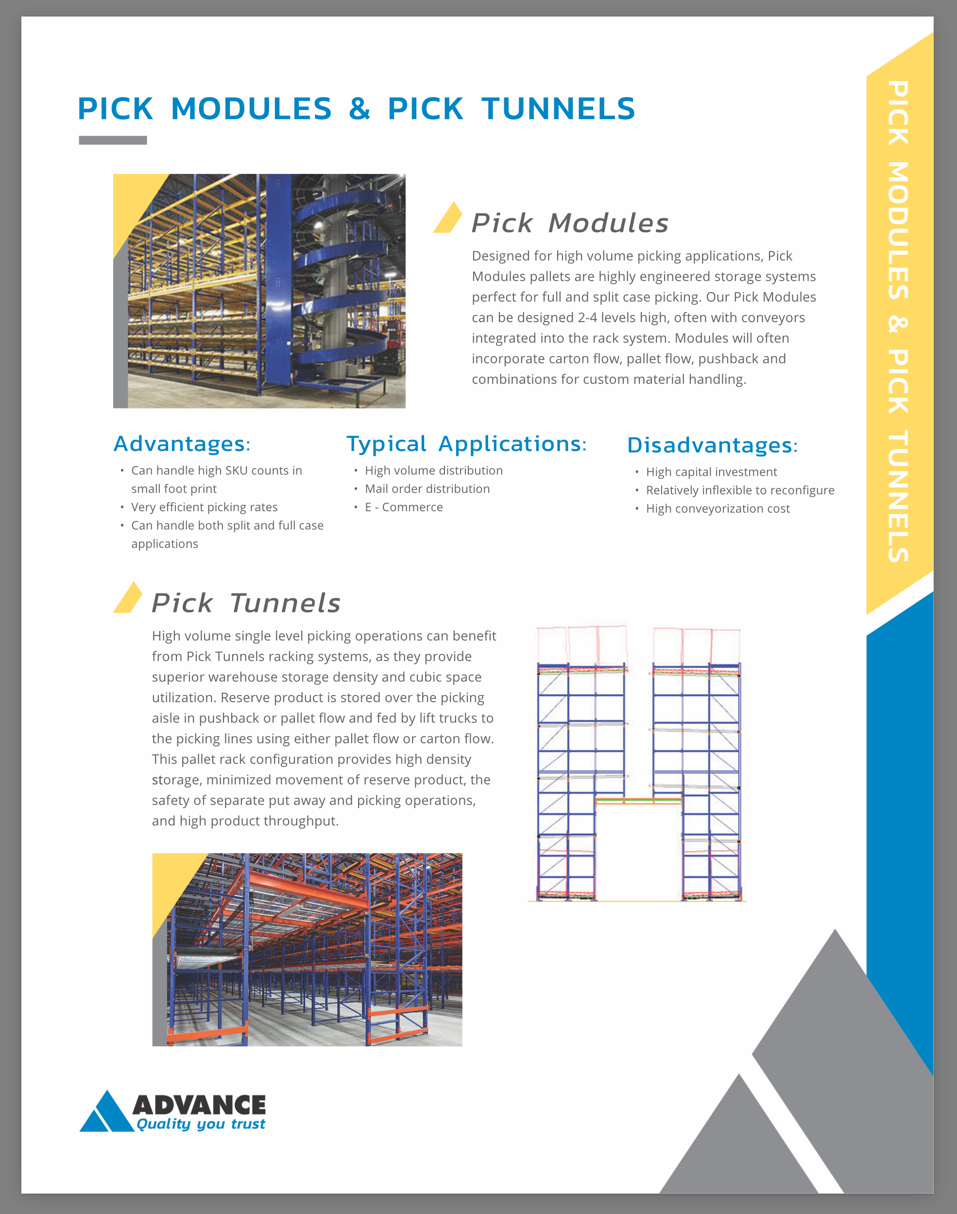 An Advance Storage Products brochure page with the title 'Pick Modules & Pick Tunnels."