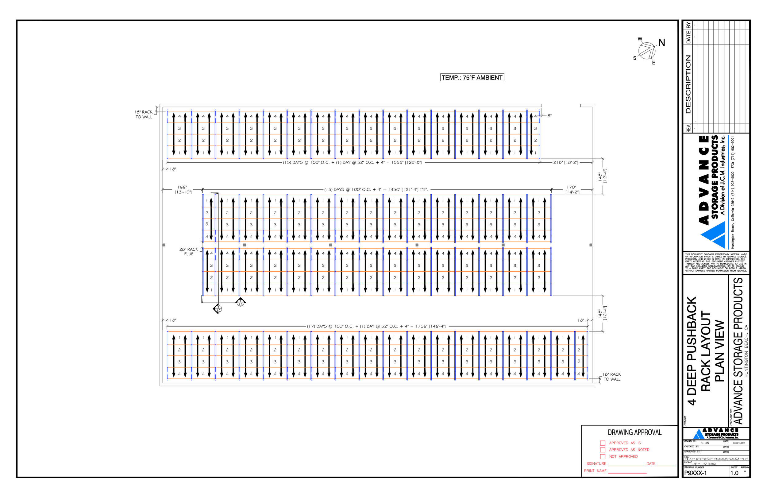 Technical engineering drawing of a 4 deep pushback rack layout.