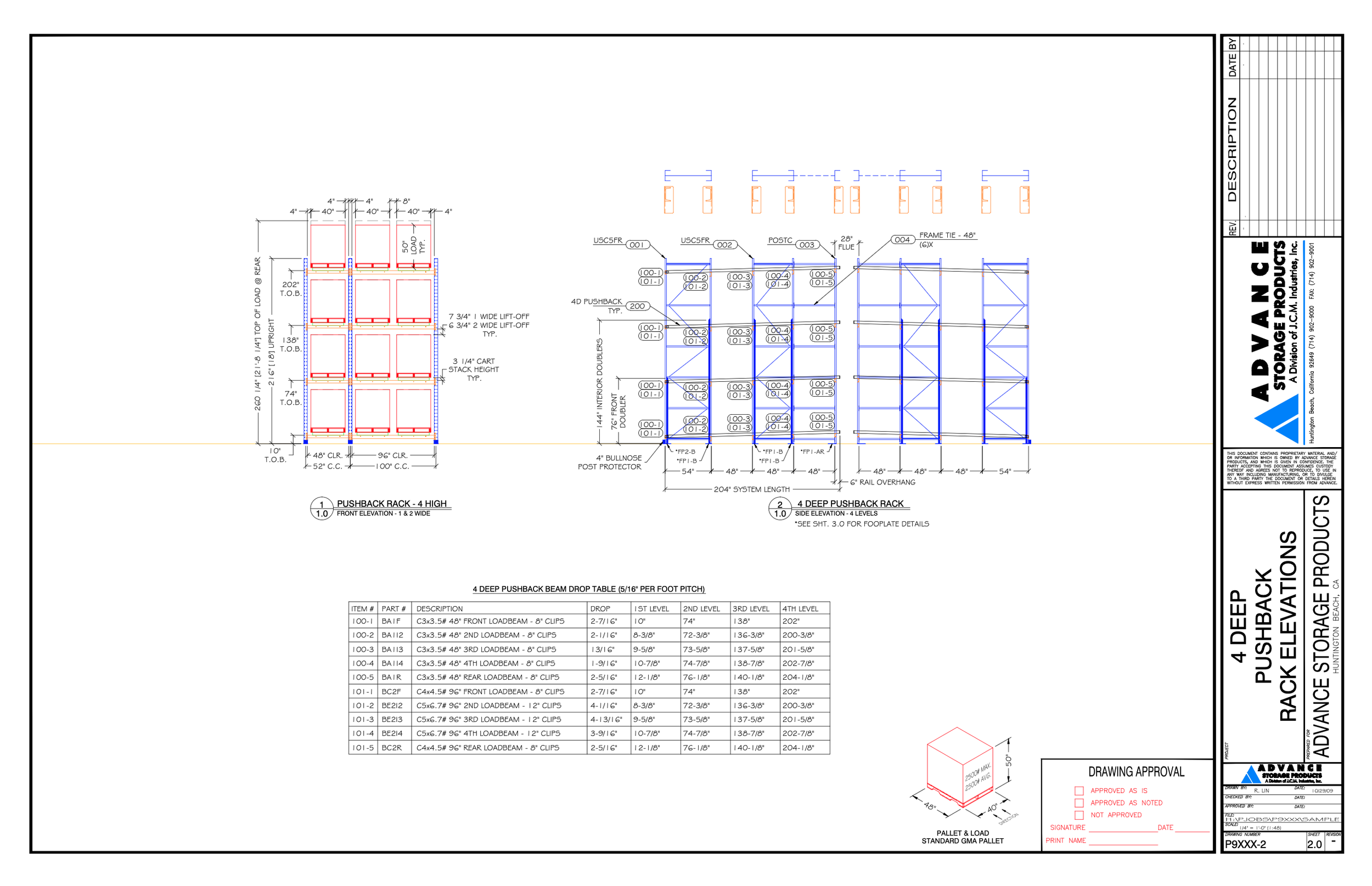 Technical engineering drawing of a 4 deep pushback rack elevations.