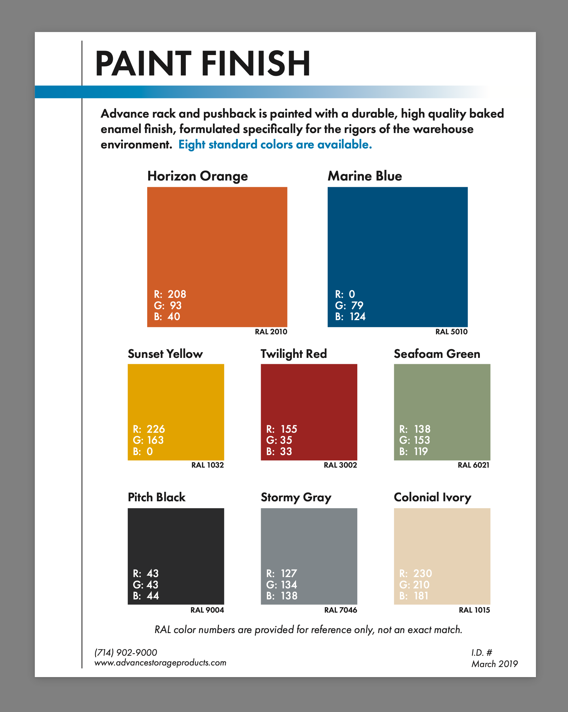A color chart showing paint colors: Horizon Orange, Marine Blue, Sunset Yellow, Twilight Red, Seafoam Green, Pitch Black, Stormy Gray, and Colonial Ivory.