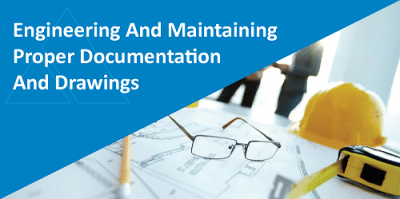 Cover page of a technical document titled 'Engineering and Maintaining Proper Documentation and Drawings' featuring engineering tools, blueprints, a yellow safety helmet, a measuring tape, and eyeglasses on a desk.
