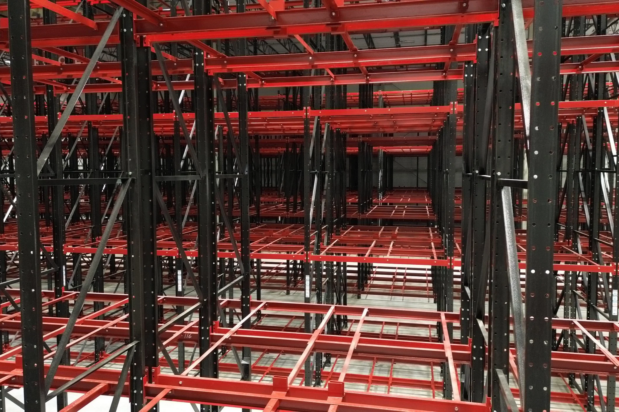 An empty warehouse storage area with double deep reach pallet racking.