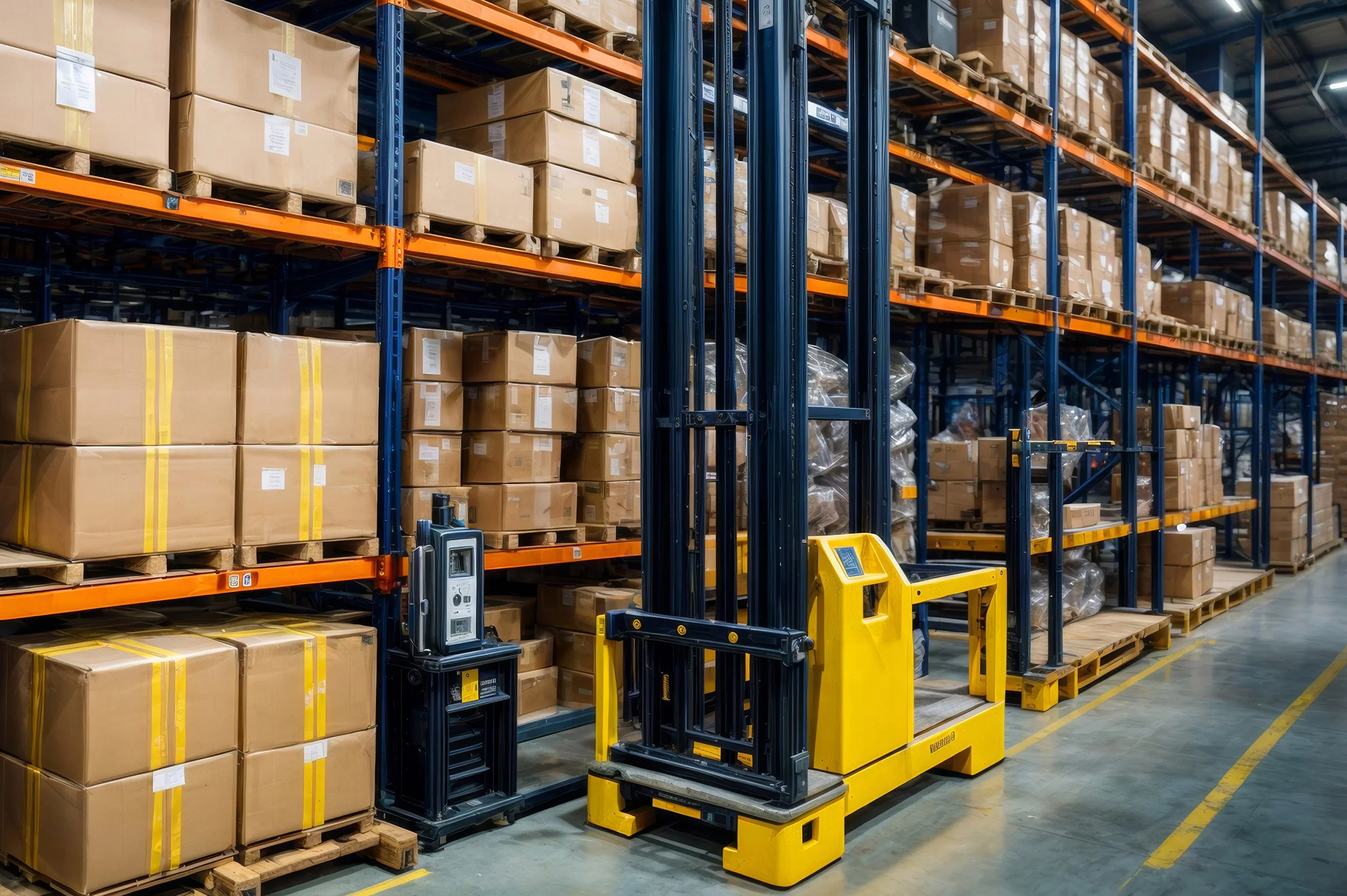 Warehouse with stacked cardboard boxes on metal shelves and yellow pallet jacks in the aisle.
