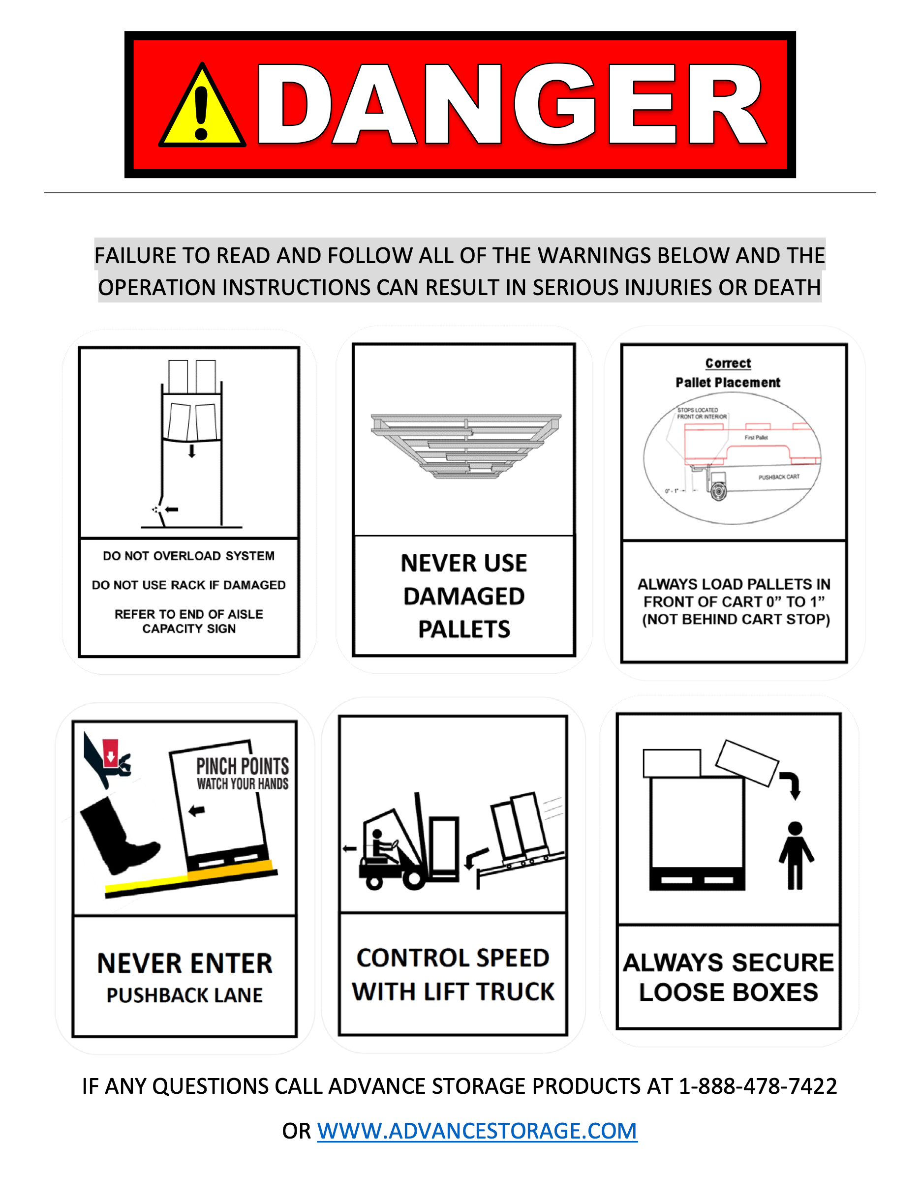 A safety guide for warehouse storage and pallet handling, including warnings about overload, damaged pallets, proper pallet placement, no entry zones, control speed with lift trucks, securing loose boxes, and emergency contact information.