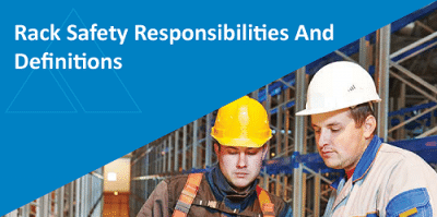 Two construction workers wearing safety helmets and gear inspecting a storage rack.
