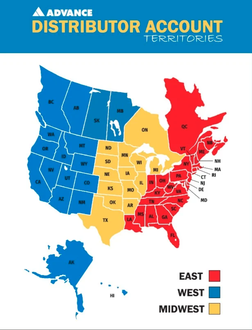 Map of the United States divided into three regions labeled 'East,' 'West,' and 'Midwest,' with states colored red, blue, and yellow respectively. The East includes states like New York, Florida, and Ohio; the West includes California, Washington, and Alaska; and the Midwest includes Illinois, Texas, and North Dakota.