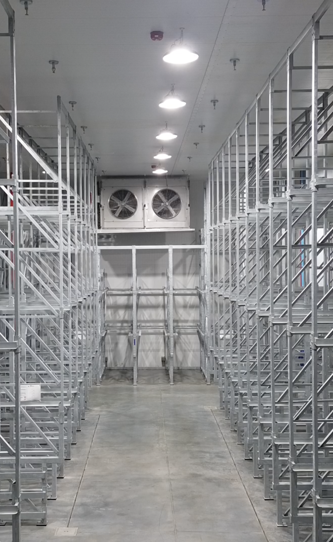 Empty store room with metal shelves on both sides, fluorescent lights overhead, ventilation fans at the back, and a concrete floor.