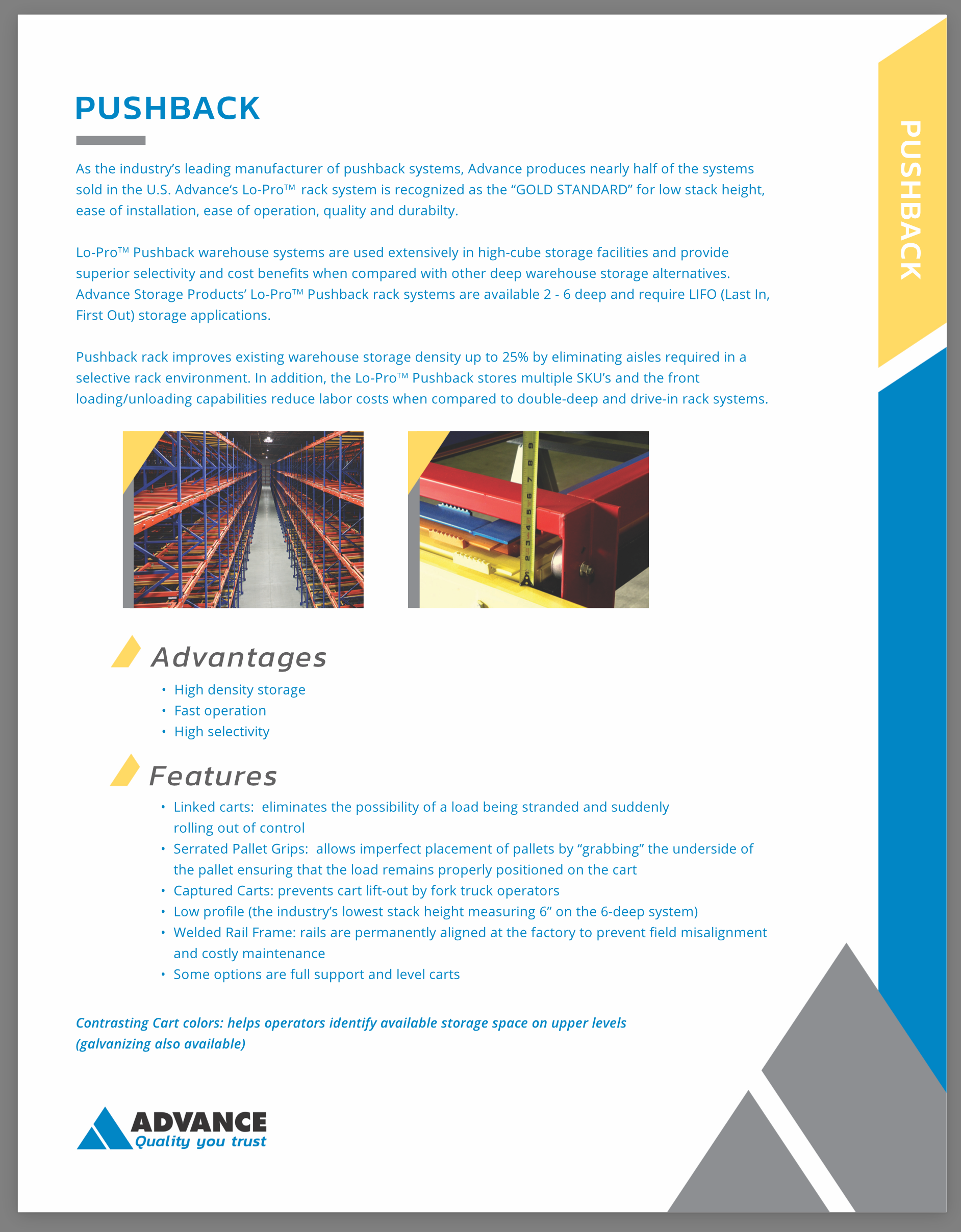 An Advance Storage Products brochure page about Pushback storage systems.