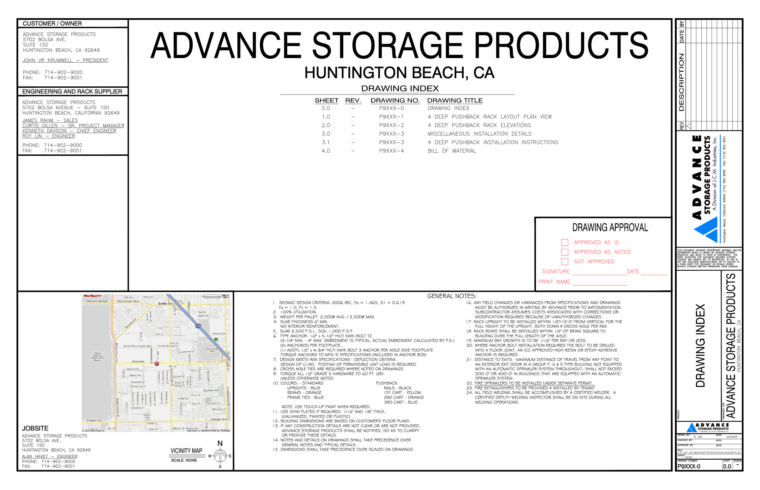 Advance Storage Products Drawing Index showing Huntington Beach, CA jobsite.