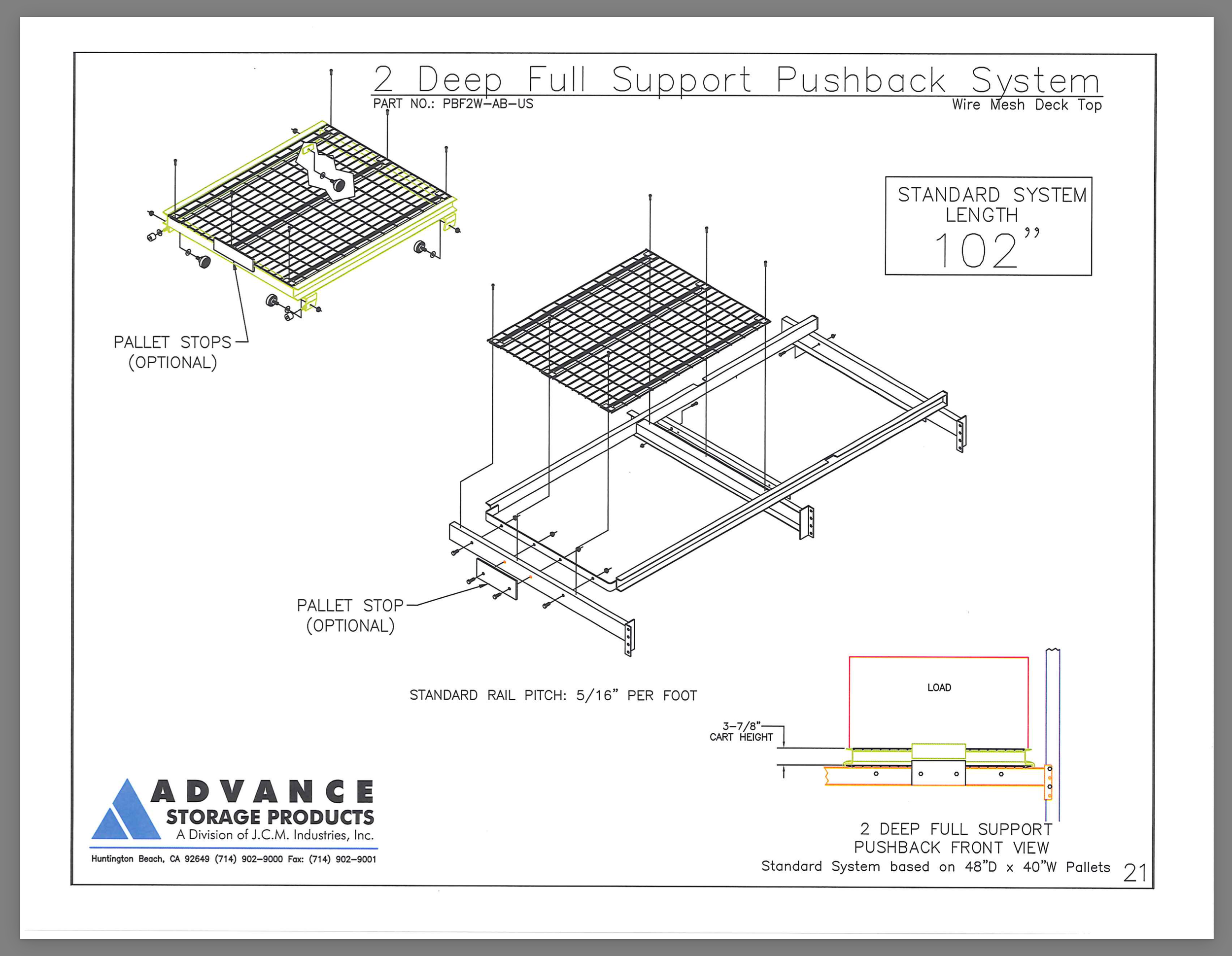 Technical drawing of a 2 deep full support pushback racking system.