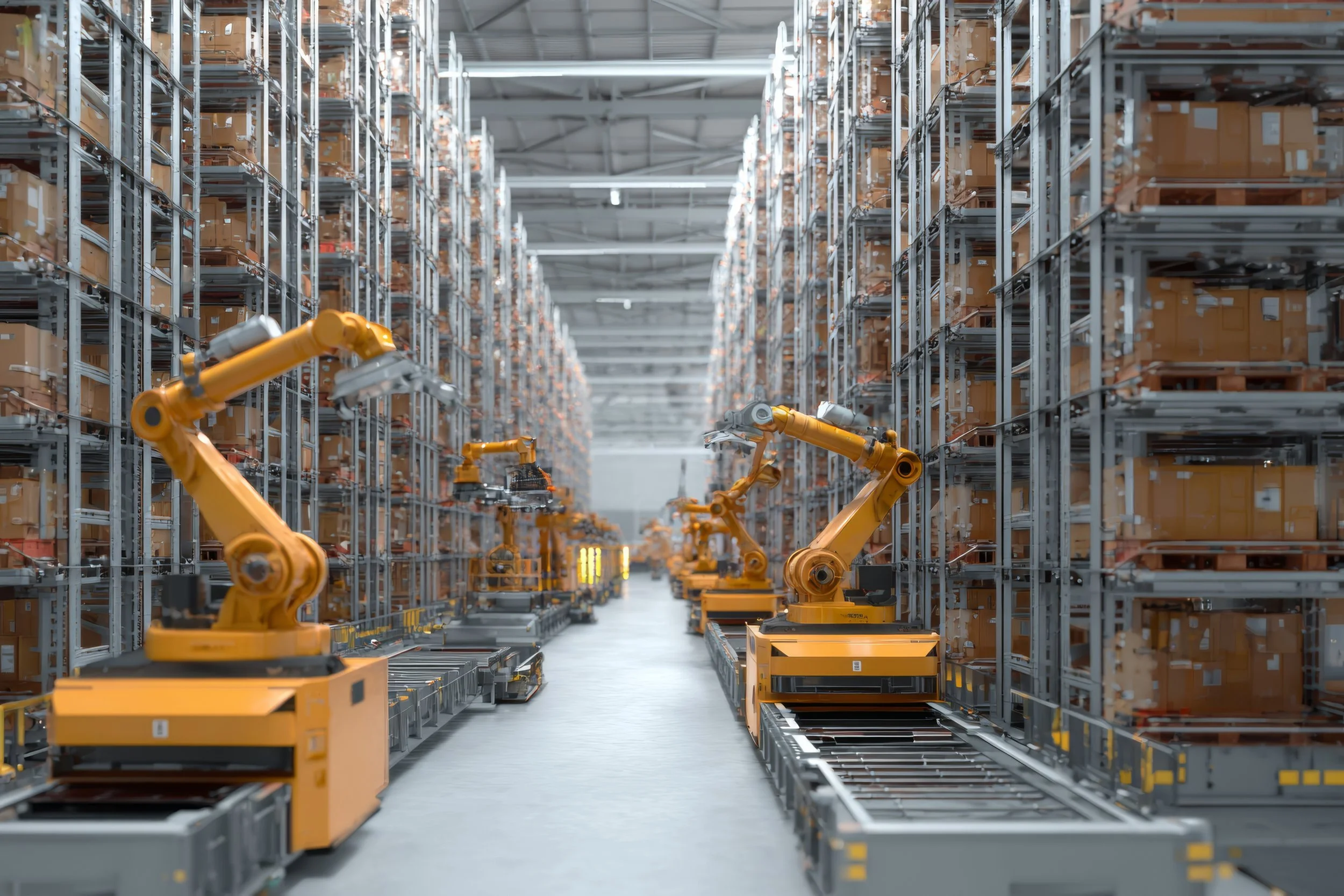 Automated robotic arms in a warehouse organizing and moving shelves filled with brown boxes, in a large industrial space.