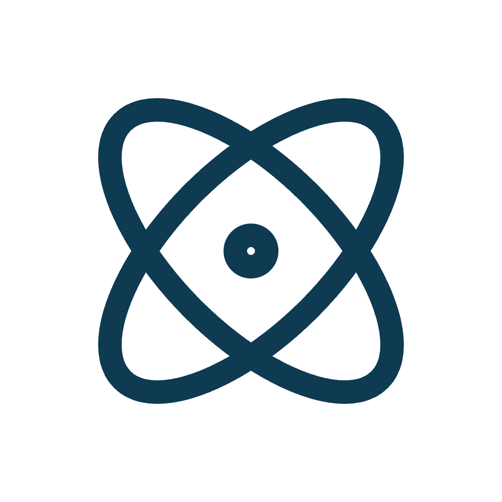Icon of an atom with a nucleus and orbiting paths.