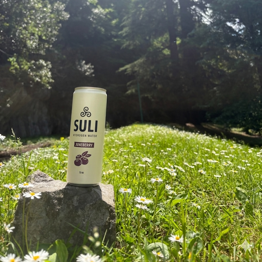 A can of Suli hydrogen water with juneberry flavor placed on a rock in a grassy field with small white flowers, surrounded by trees under sunlight.