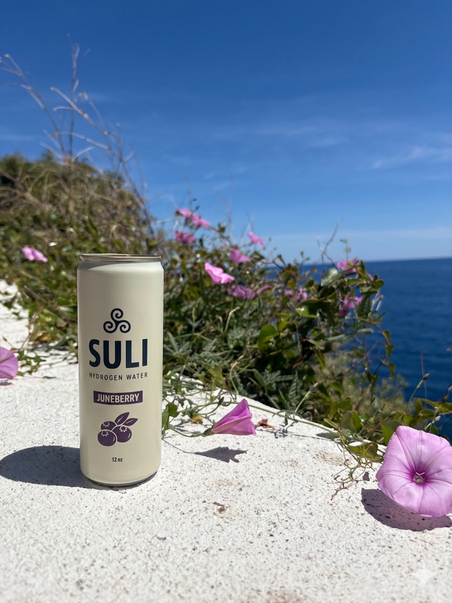 A can of Suli Hydrogen Water with juneberry flavor placed on a white surface outdoors. Pink flowers and green vines grow along the edge of the surface, with a bright blue sky and ocean in the background.