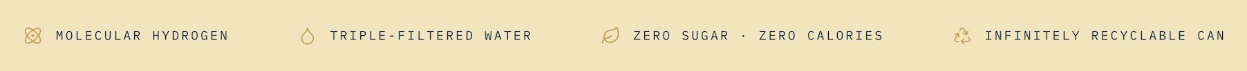 Icons with text indicating features of a water product: molecular hydrogen, triple-filtered water, zero sugar, zero calories, infinitely recyclable can.