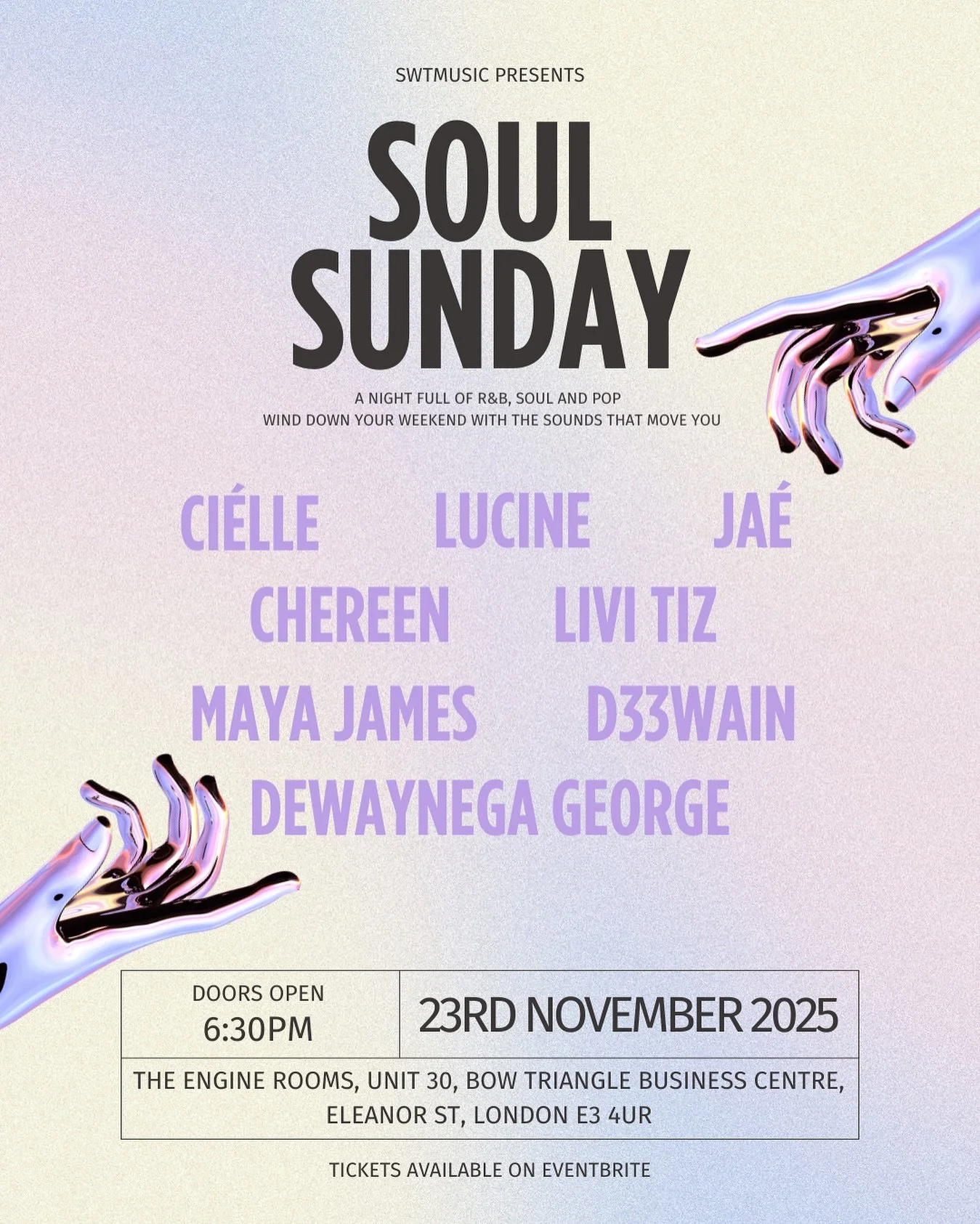 Soul Sunday is back and we&rsquo;re bringing those soulful vibes🎶

This edition you can expect to hear sounds from

@livi.tiz 
@mayaa_.james 
@george__vocalist 
@madebylucine 
@d33wain 
@jaetheeartist 
@chereenmusic 
@qcielle 

Tickets available on 